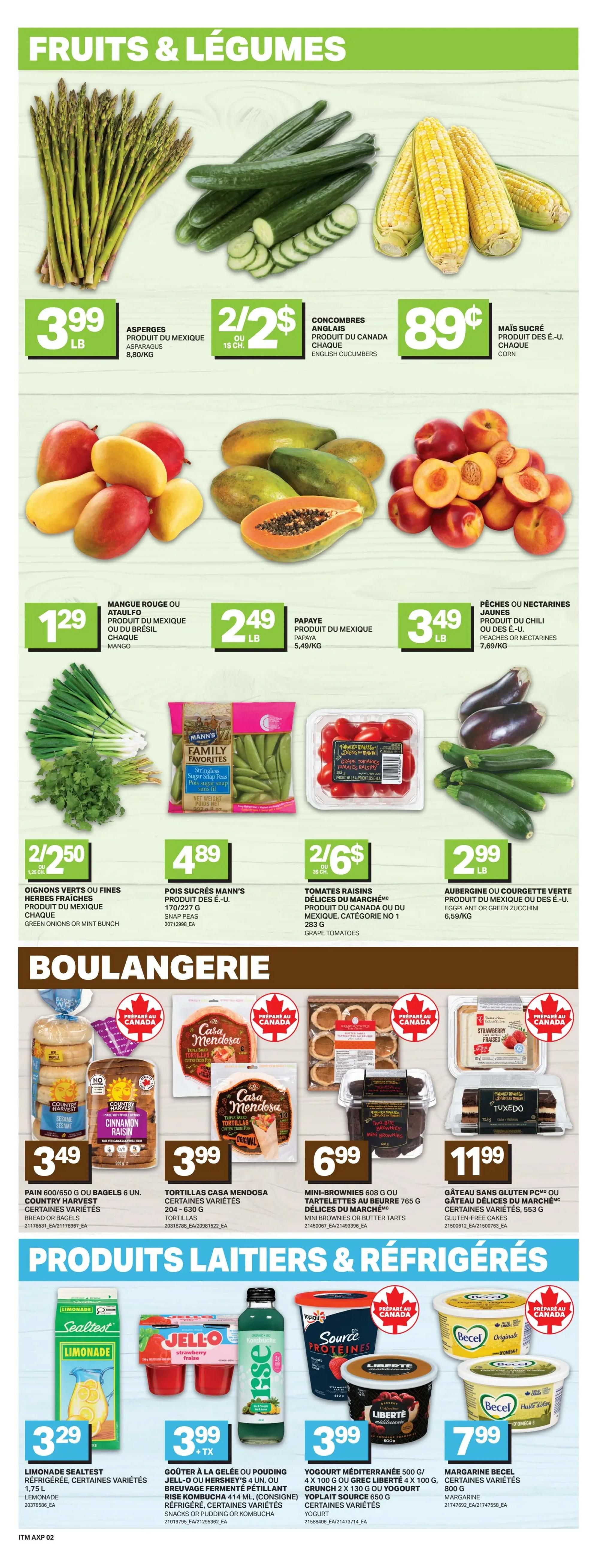 Axep weekly flyer specials page 4 features Fruits & Vegetables, Bakery, and Dairy & Refrigerated products. In Fruits & Vegetables, find Asparagus from Mexico for $3.99/lb, English Cucumbers from Canada for 2/$2, and Sweet Corn for $0.89 each. Also available are Red or Ataulfo Mangoes from Mexico or Brazil for $1.29 each, Papayas from Mexico for $2.49/lb, and Peaches or Nectarines from Chile or the U.S. for $3.49/lb. Green Onions or Mint bunches are 2/$2.50, Mann's Snap Peas are $4.89, and Grape Tomatoes are 2/$6. Eggplant or Green Zucchini are $2.99/lb. In Bakery, Country Harvest Bread or Bagels are $3.49, Casa Mendosa Tortillas are $3.99, Mini Brownies or Butter Tarts are $6.99, and Gluten-Free Cakes are $11.99. In Dairy & Refrigerated, Sealtest Lemonade is $3.29, Jell-O or Hershey's Pudding/Kombucha is $3.99, Liberté Mediterranean Yogurt or Yoplait Source Yogurt are $3.99, and Becel Margarine is $7.99.