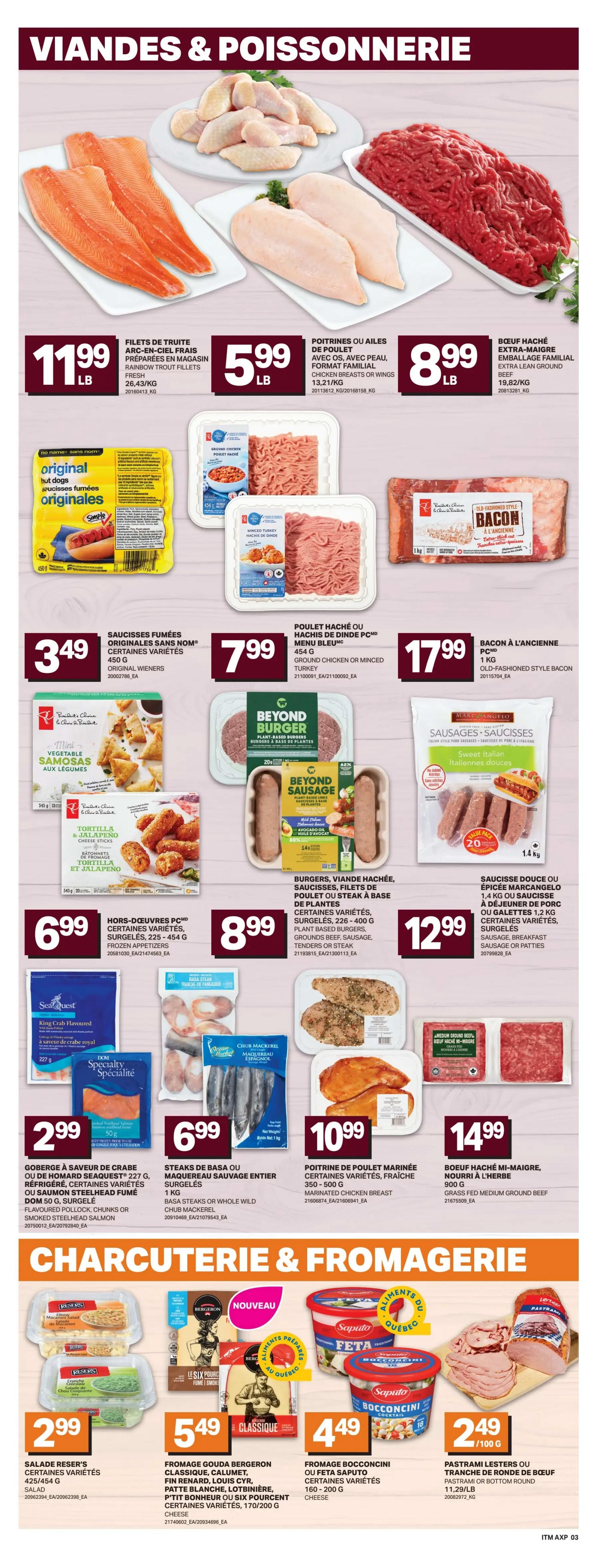 Axep weekly flyer specials page 5 features a wide selection of meats and seafood. Top row includes fresh rainbow trout fillets for $11.99/lb, family pack chicken breasts or wings for $5.99/lb, and extra lean ground beef for $8.99/lb. Middle row showcases original wieners for $3.49, ground chicken or minced turkey for $7.99, and old-fashioned style bacon for $17.99/kg. Also featured are frozen appetizers like tortilla and jalapeño cheese sticks for $6.99, plant-based burgers for $8.99, and sweet Italian sausages for $12.99. Seafood options include SeaQuest flavoured pollock, chunks or smoked steelhead salmon for $2.99, basa steaks or whole wild chub mackerel for $6.99, and marinated chicken breast for $10.99. The bottom section, 'Charcuterie & Fromagerie', offers Reser's salad varieties for $2.99, Bergeron classic gouda cheese for $5.49, Saputo feta or bocconcini cheese for $4.49, and Lesters pastrami or bottom round beef for $2.49/100g.