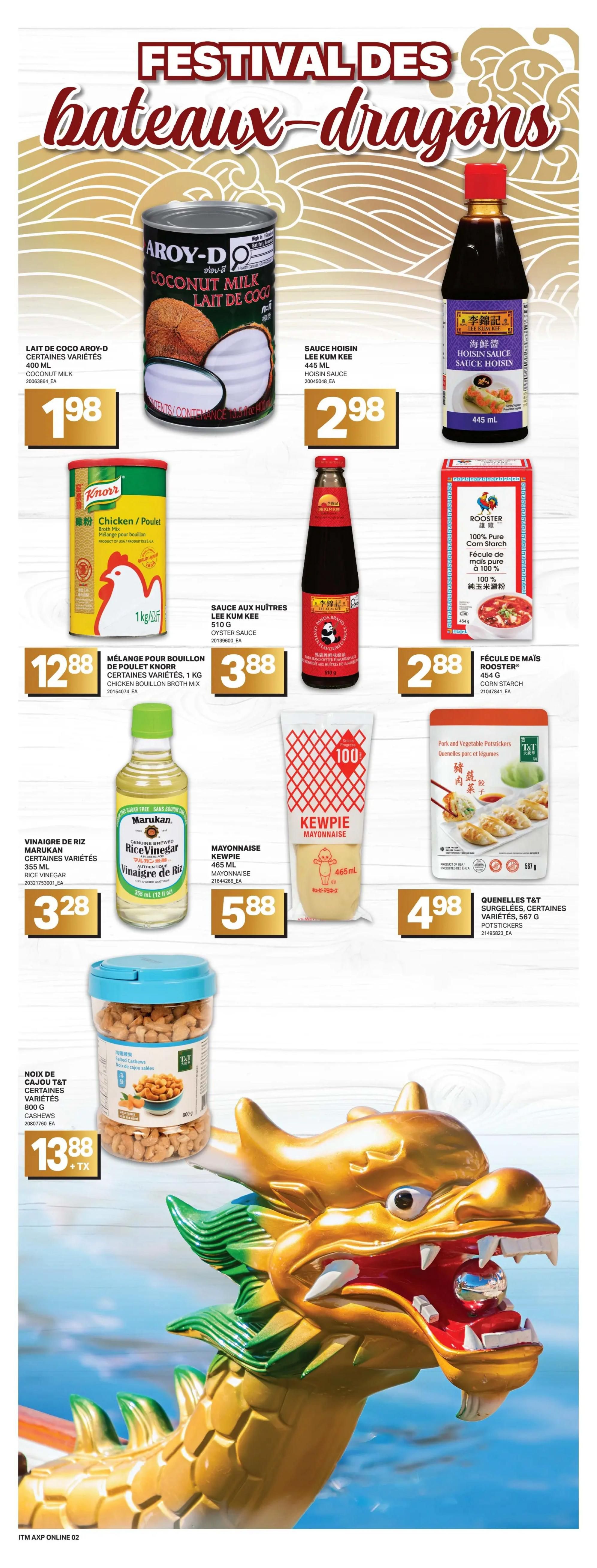 Axep weekly flyer specials page 8 features a 'Festival des bateaux-dragons' theme. Products include Aroy-D Coconut Milk for $1.98, Lee Kum Kee Hoisin Sauce for $2.98, Knorr Chicken Broth Mix (1 kg) for $12.88, Lee Kum Kee Oyster Sauce (510 g) for $3.88, Rooster 100% Pure Corn Starch (454 g) for $2.88, Marukan Rice Vinegar (355 mL) for $3.28, Kewpie Mayonnaise (465 mL) for $5.88, T&T Potstickers (567 g) for $4.98, and T&T Salted Cashews (800 g) for $13.88 plus tax. The page also features a large, colourful dragon head illustration.