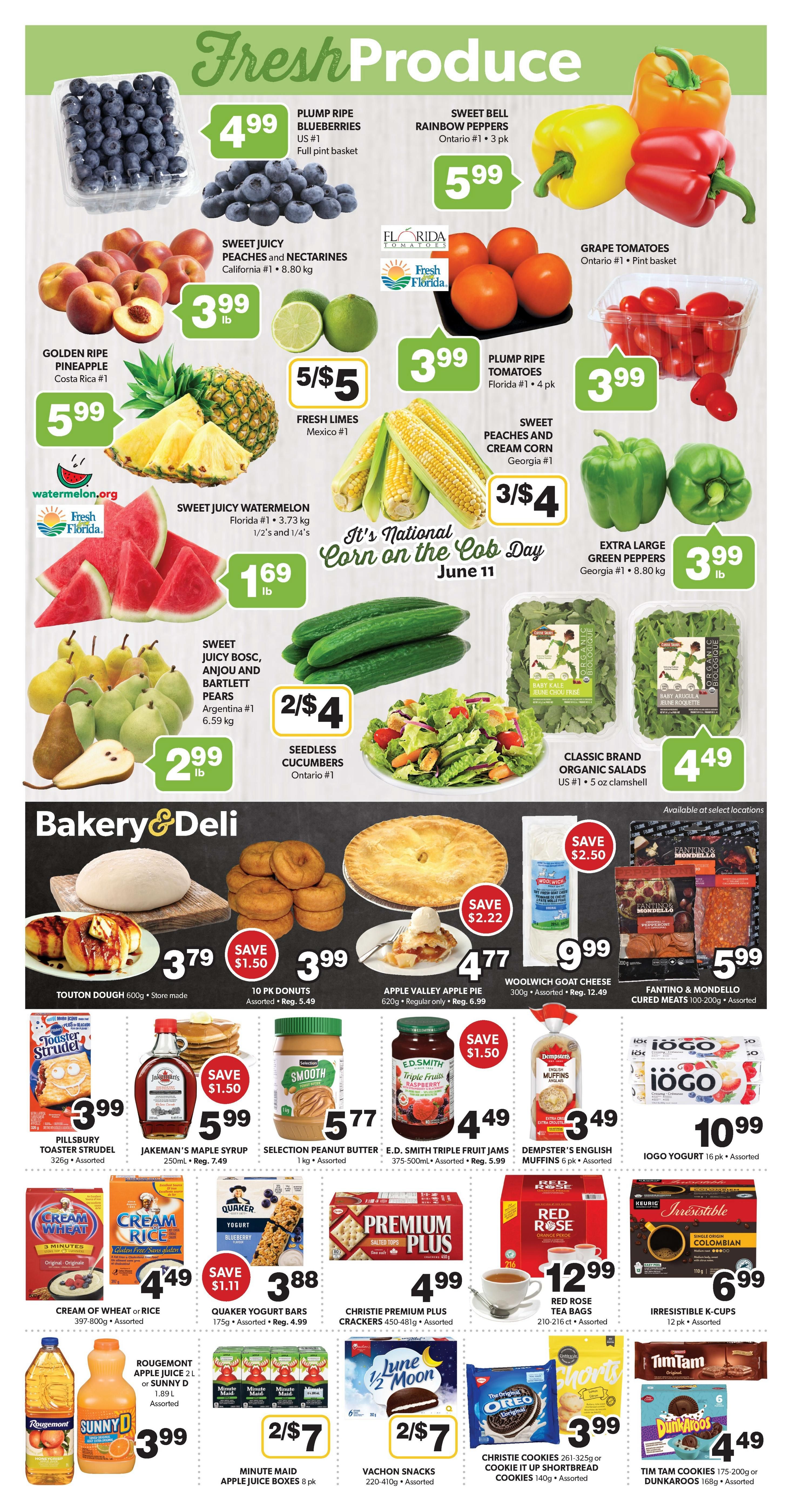 Colemans Weekly Flyer Specials Page 3: Fresh Produce section features Plump Ripe Blueberries for $4.99 per full pint basket, Sweet Bell Rainbow Peppers for $5.99 per 3 pk, Sweet Juicy Peaches and Nectarines for $3.99 per lb, Golden Ripe Pineapple for $5.99 each, Florida Grape Tomatoes for $3.99 per pint basket, Fresh Limes for 5 for $5, Plump Ripe Tomatoes for $3.99 per 4 pk, Sweet Peaches and Cream Corn for 3 for $4, Sweet Juicy Watermelon for $1.69 per lb, Extra Large Green Peppers for $3.99 per 8.80 kg, Sweet Juicy Bosc, Anjou and Bartlett Pears for $2.99 per lb, Seedless Cucumbers for 2 for $4, and Classic Brand Organic Salads for $4.49 per 5 oz clamshell. The Bakery & Deli section includes Touton Dough for $3.79 per 600g, 10 PK Donuts for $3.99, Apple Valley Apple Pie for $4.77 (save $2.22), and Woolwich Goat Cheese for $9.99 (save $2.50). Also featured are Fantino & Mondello Cured Meats for $5.99 per 100-200g. Grocery items include Pillsbury Toaster Strudel for $3.99, Jakeman's Maple Syrup for $5.99 (save $1.50), Selection Peanut Butter for $5.77 per 1 kg, E.D. Smith Triple Fruit Jams for $4.49 (save $1.50), Dempster's English Muffins for $3.49, and Iogo Yogurt for $10.99 per 16 pk. More items include Cream of Wheat or Rice for $4.49, Quaker Yogurt Bars for $3.88 (save $1.11), Christie Premium Plus Crackers for $4.99, Red Rose Tea Bags for $12.99, and Irresistible K-Cups for $6.99. Finally, Rougemont Apple Juice or Sunny D for $3.99 per 2 L, Minute Maid Apple Juice Boxes for 2 for $7, Vachon Snacks for 2 for $7, Christie Cookies for $3.99, and Tim Tam Cookies or Dunkaroos for $4.49.