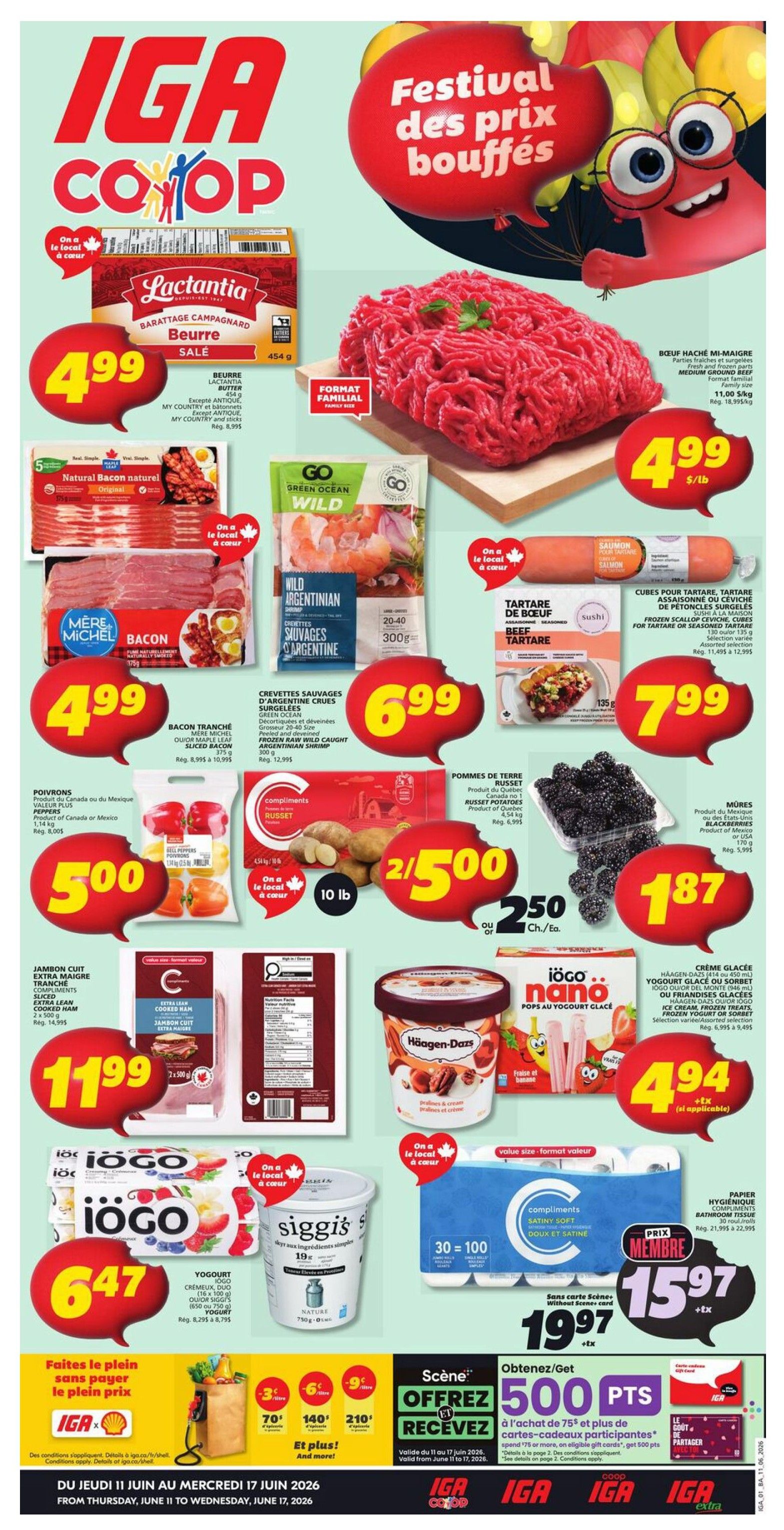 IGA Co-op weekly flyer specials for New Brunswick, valid from June 11 to June 17, 2026. Featured items include Lactantia butter for $4.99, family size ground beef for $4.99/lb, Maple Leaf sliced bacon for $4.99, Green Ocean wild Argentinian raw shrimp for $6.99, beef tartare for $7.99, Compliments Russet potatoes 10 lb bag for $2/5.00, blackberries for $1.87, Compliments sliced cooked ham for $11.99, iögo yogurt tubes for $6.47, Siggis yogurt for $3.00, Häagen-Dazs ice cream or iögo frozen yogurt for $4.94, and Compliments Satiny Soft bathroom tissue 30 rolls for $15.97 when you spend $75 or more with a Scene+ card, or $19.97 without. Also get 500 bonus Scene+ points when you spend $75 or more on eligible gift cards. Additional offers include savings on produce: 70¢, $1.40, and $2.10.