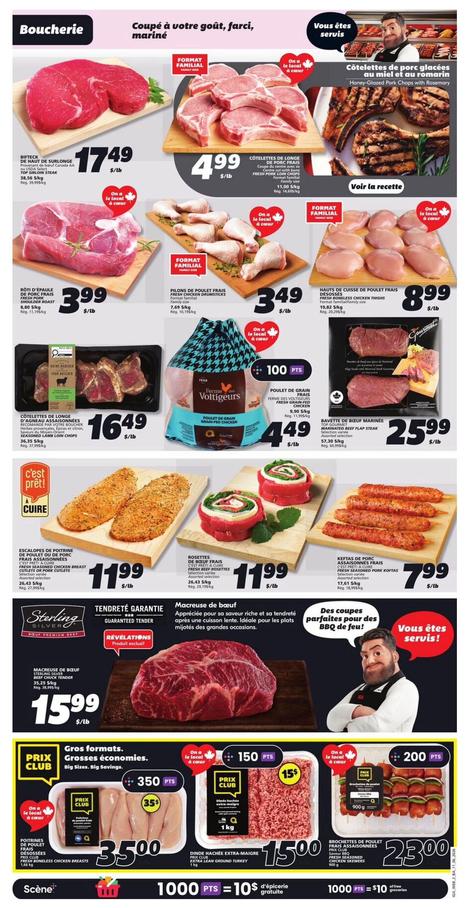 IGA Weekly Flyer Specials, Page 5, featuring a variety of meat products. Top row includes Beef Top Sirloin Steak for $17.49/lb, Family Size Fresh Pork Loin Chops for $4.99/lb, and Honey-Glazed Pork Chops with Rosemary. Middle row showcases Fresh Pork Shoulder Roast for $3.99/lb, Family Size Fresh Chicken Drumsticks for $3.49/lb, Boneless Chicken Thighs for $8.99/lb, Seasoned Lamb Chops for $16.49/lb, and Farm Voltigers Grain-Fed Chicken for $4.49/lb. Bottom row features Ready-to-Cook Fresh Seasoned Chicken Breast Cutlets for $11.99/lb, Fresh Beef Rosettes for $11.99/lb, and Fresh Seasoned Pork Koftas for $7.99/lb. The bottom section highlights 'Big Sizes. Big Savings.' with 'Prix Club' deals: Boneless Chicken Breasts for $35.00 (350 pts), Extra Lean Ground Turkey for $15.00 (150 pts), and Fresh Seasoned Chicken Skewers for $23.00 (200 pts). Also featured is a 'Guaranteed Tender' Sterling Silver Beef Chuck Tender for $15.99/lb. A promotion offers 1000 points for $10 of free groceries.