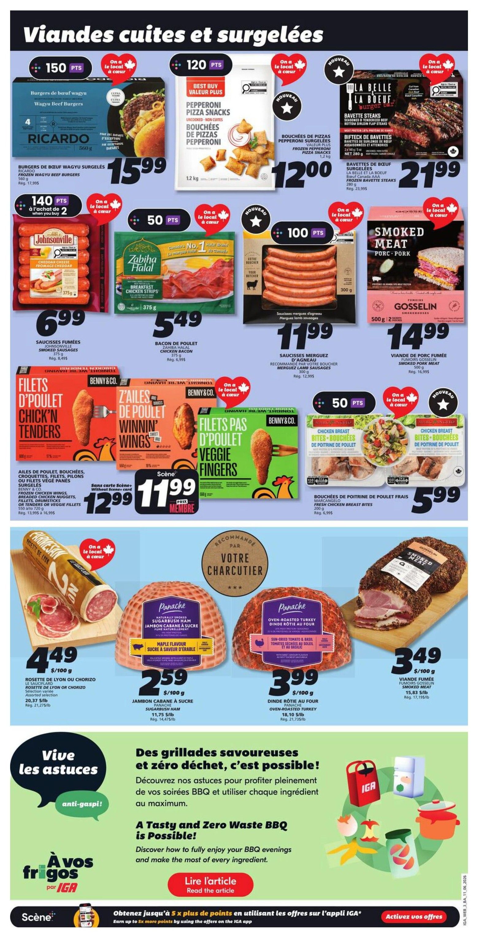 Page 6 of the IGA flyer featuring cooked and frozen meats. Top row includes: Ricardo Wagyu Beef Burgers for 150 points, Best Buy Value Plus Pepperoni Pizza Snacks for 120 points, and La Belle La Boeuf AAA Beef Burgers for 100 points. Middle row features: Johnsonville Smoked Sausages for $6.99, Zabiha Halal Chicken Bacon for $5.49, and Gosselin Smoked Pork Meat for $14.99. The next row showcases Benny & Co. Chicken Tenders for $12.99 (member price), Benny & Co. Chicken Wings for $11.99 (member price), Benny & Co. Veggie Fingers for $11.99 (member price), and Marcangello Fresh Chicken Breast Bites for $5.99. The bottom row displays: Rosette de Lyon or Chorizo for $4.49/100g, Panache Maple Flavour Sugarbush Ham for $2.59/100g, and Panache Oven-Roasted Turkey Dinde Rôtie au Four for $3.49/100g. The page also includes a section titled 'Vive les astuces' with tips for a tasty and zero-waste BBQ, encouraging readers to 'Lire l'article' (Read the article).
