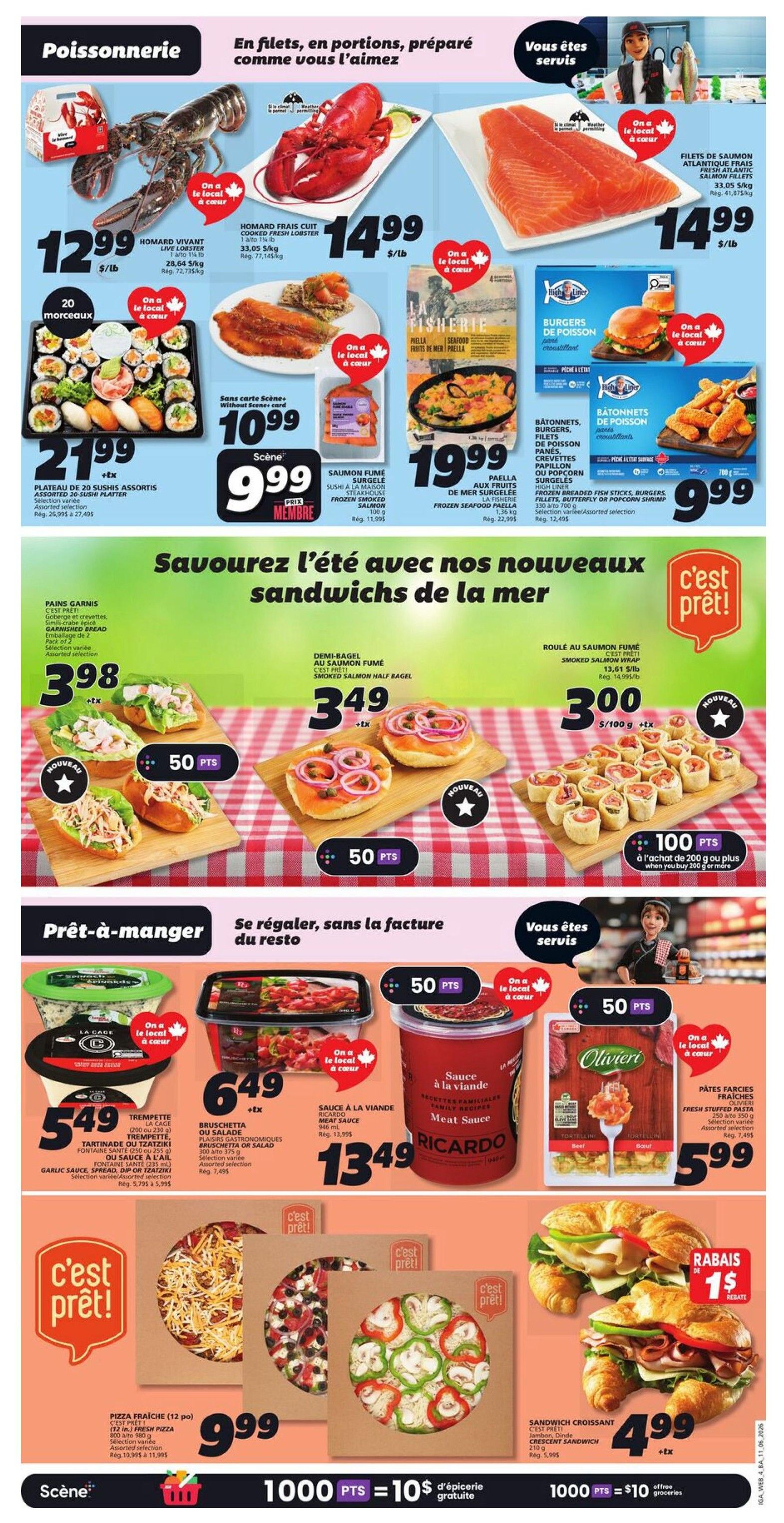 IGA weekly flyer specials page 7 features a seafood and sandwich section. Top row showcases seafood items: live lobster for $12.99/lb, cooked fresh lobster for $14.99/lb, and Atlantic salmon fillets for $14.99/lb. Also featured are 20 assorted sushi pieces for $21.99, smoked salmon for $9.99, and frozen seafood paella for $19.99. The middle section, 'Savour the summer with our new sandwiches of the sea,' includes assorted garnished bread for $3.98, smoked salmon half bagels for $3.49, and smoked salmon wraps for $3.00/100g. The 'Ready-to-eat' section offers garlic spread, dip, or tzatziki for $5.49, bruschetta or salad for $6.49, Ricardo meat sauce for $13.49, and Olivieri fresh stuffed pasta for $5.99. The bottom features 12-inch fresh pizzas for $9.99 and crescent sandwiches for $4.99, with a $1 rebate. The bottom banner indicates 1000 points equals $10 in free groceries.