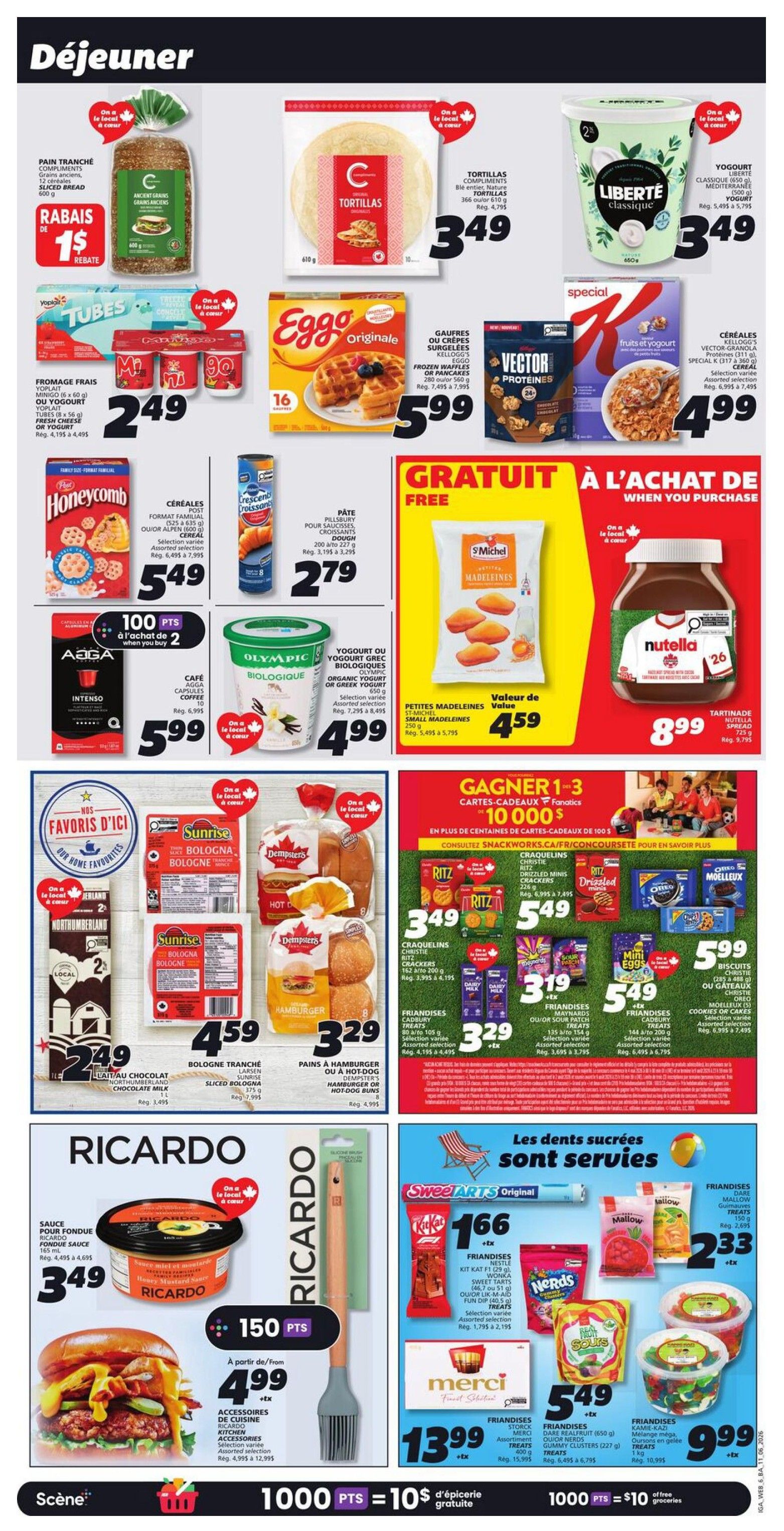 IGA weekly flyer specials page 9 features breakfast and snack items. On sale are Compliments ancient grains sliced bread for $3.49, Compliments tortillas for $3.49, and Liberté classic yogurt for $3.49. Also featured are Yoplait Tubes yogurt or fresh cheese for $2.49, Eggo original frozen waffles for $5.99, Kellogg's Vector protein cereal for $4.99, and Pillsbury croissants dough for $2.79. Honeycomb cereal is $5.49. ABBA Intenso coffee is $5.99 with 100 bonus points when you buy 2. Olympic organic yogurt or Greek yogurt is $4.99. St-Michel small madeleines are $4.59. Nutella spread is $8.99. Sunrise sliced bologna is $4.59, Dempster's hamburger or hot dog buns are $3.29. Ricardo fondue sauce is $3.49. Ricardo kitchen accessories are on sale starting at $4.99 with 150 bonus points. Sweetarts Original candy is $1.66. Mallow gummy treats are $2.33. A variety of Ritz crackers are on sale for $3.49 and $5.49. Friandises Maynard's or Ouikor Sour Patch candy is $3.19. Friandises Nestle Kit Kat, Wonka, or Sweet Tarts are $5.99. Merci Assortment treats are $13.99. Friandises Kamie-Kazi gummy treats are $9.99. There is also a contest to win 1 of 3 Fanatics gift cards worth $10,000.