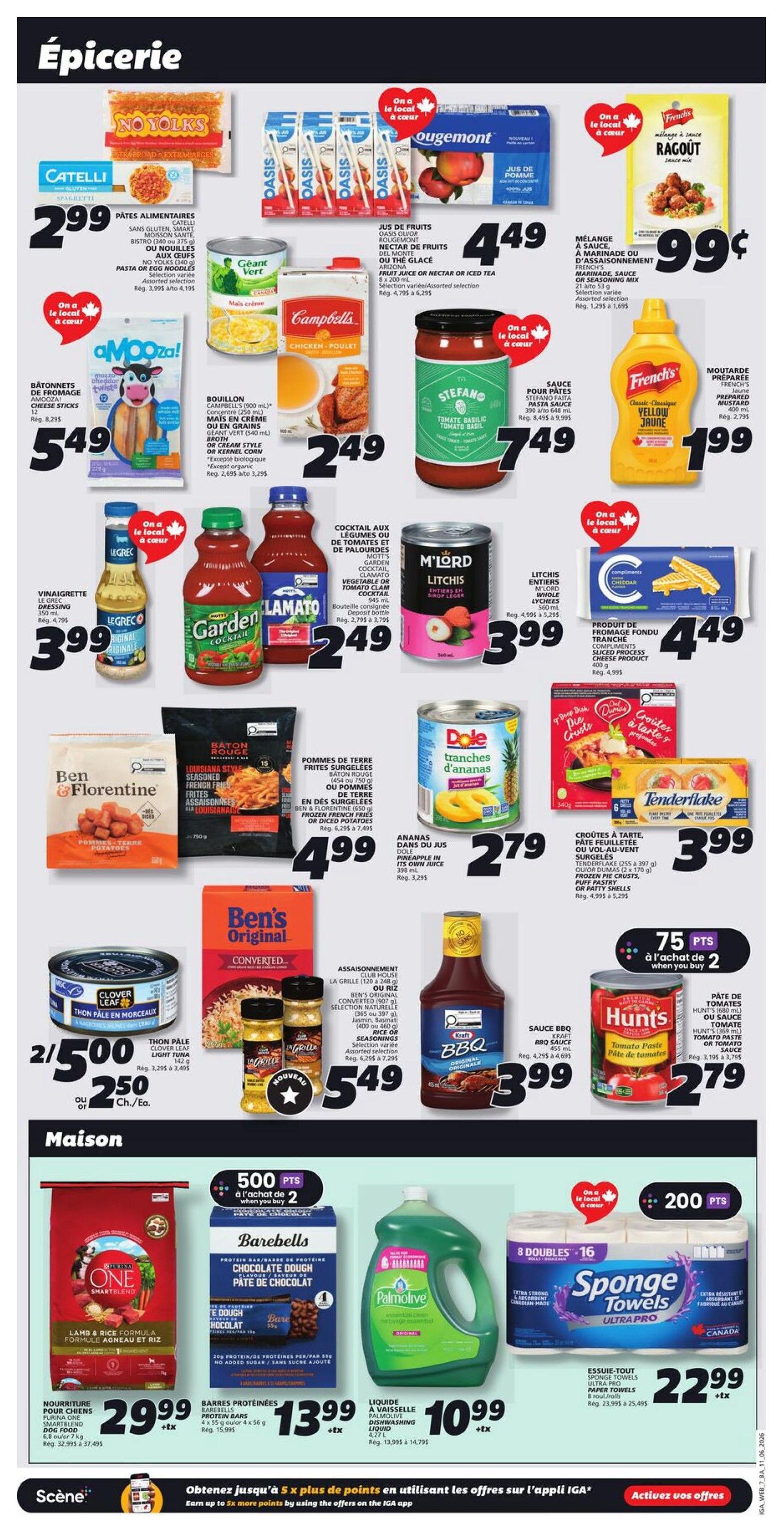 IGA Weekly Flyer Specials Page 10 features a variety of grocery items. Top section includes Catelli pasta for $2.99, Oasis fruit juice or iced tea for $4.49, and Ougemount apples. Also featured are Ragout sauce mix for $0.99, MooMoo cheese sticks for $5.49, Campbell's cream of corn or chicken soup for $2.49, and Stefano pasta sauce for $7.49. French's yellow mustard is $1.99. Legrec vinaigrette is $3.99. Garden Lamato cocktail is $2.49. M'Lord lychees are $3.99. Cheddar sliced process cheese product is $4.49. Ben & Florentine sausages are $5.49. Dole pineapple chunks are $2.79. Tenderflake pie crusts are $3.99. Ben's Original converted rice is $5.49. Hunt's tomato paste or sauce is $2.79. Kraft BBQ sauce is $3.99. Bottom section, labelled 'Maison', includes One Smartblend lamb & rice formula dog food for $29.99. Barebells protein bars are $13.99. Palmolive dish soap is $10.99. SpongeTowels paper towels are $22.99. There are also offers for 500 points when you buy 2 Barebells protein bars and 200 points when you buy 2 SpongeTowels.