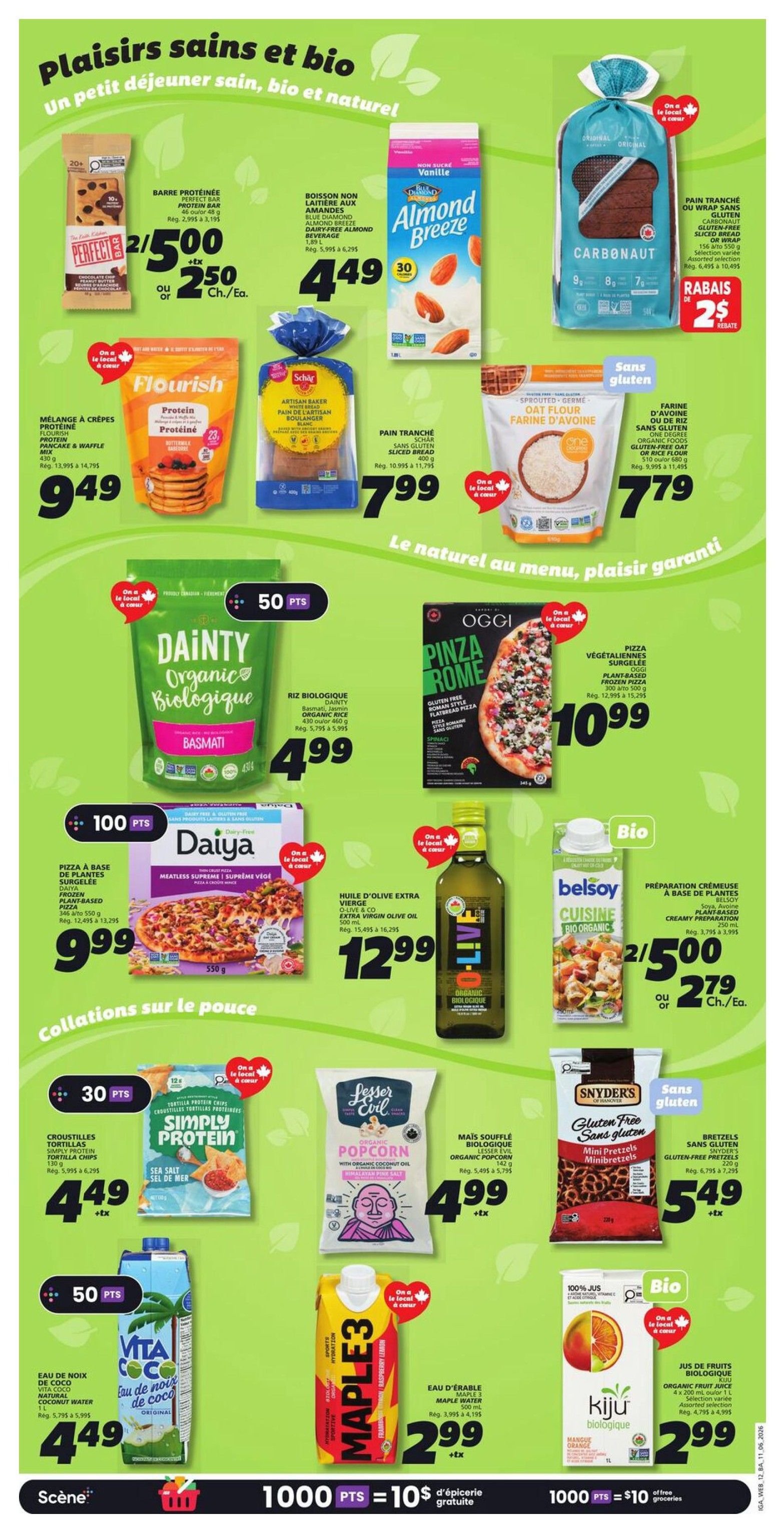 IGA weekly flyer specials page 16 features healthy and organic breakfast and snack options. Deals include Perfect Bar protein bars at 2 for $5.00 or $2.50 each, Almond Breeze unsweetened almond milk for $4.49, and Carbonaut gluten-free sliced bread for $7.99 with a $2 rebate. Also featured are Flourish protein pancake and waffle mix for $9.49, Schär artisan baker white bread for $7.99, and One organic oat flour for $7.79. For meals, Dainty organic basmati rice is $4.99, and Oggi gluten-free plant-based frozen pizza is $10.99. Daiya plant-based supreme veggie pizza is $9.99. Olii & Co extra virgin olive oil is $12.99. Belsoy organic plant-based creamy preparation is 2 for $5.00 or $2.79 each. Snacks include Simply Protein tortilla chips for $4.49, Lesser Evil organic popcorn for $4.99, and Snyder's gluten-free mini pretzels for $5.49. Beverages include Vita Coco natural coconut water for $4.49 and Maple3 organic maple water for $2.99. The bottom of the page highlights a promotion: 1000 points equals $10 in free groceries.