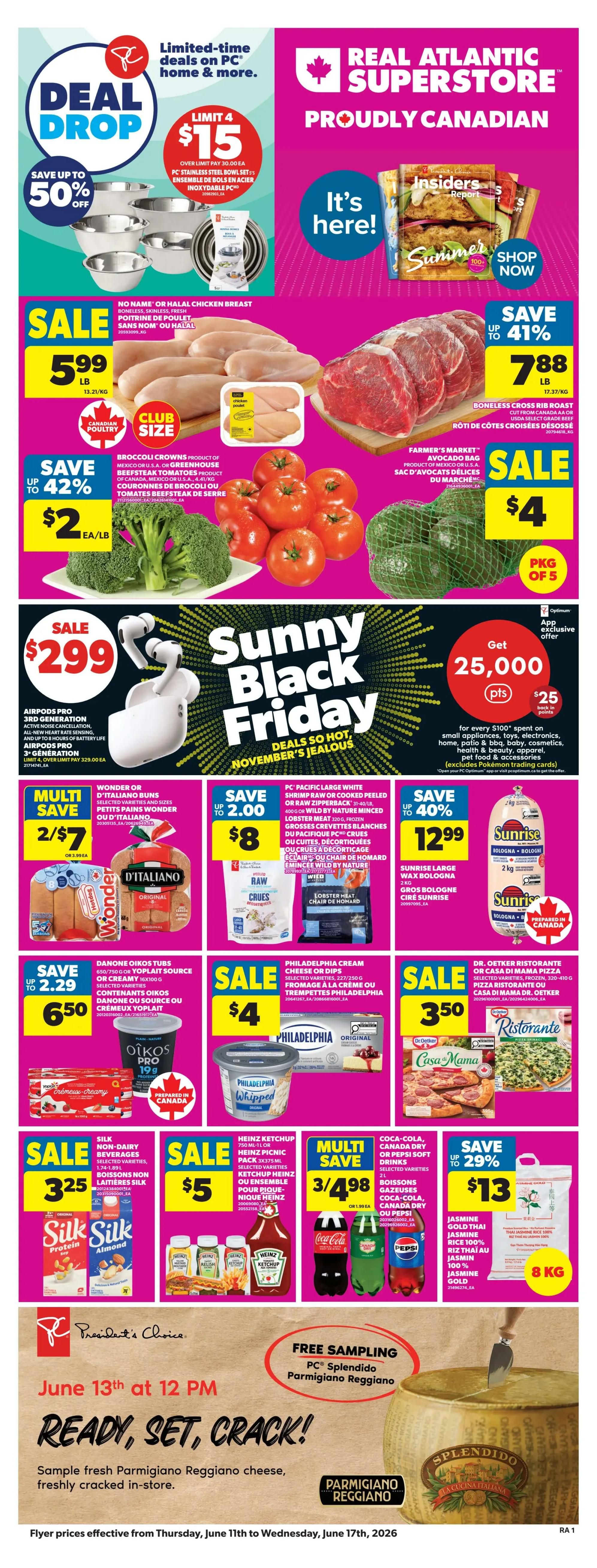Atlantic Superstore weekly flyer specials page 1. Featured items include PC Decadent Muffins, Chocolate Chip or Double Chocolate, 4's, on sale for $6. Also, save up to $1.50 on PC Cream Pie, selected varieties, 730g, for $12. Multi-save offer: 2 for $7 on PC Dips or Hummus, 200-227g, or Naan Crisps, 170g. Save up to $1.00 on PC Tortilla Chips, selected varieties, 320-350g, for $2.50. PC Optimum members can get PC Bathroom Tissue, 30-100 rolls, for $15.99, a savings of $6, while non-members pay $21.99.
