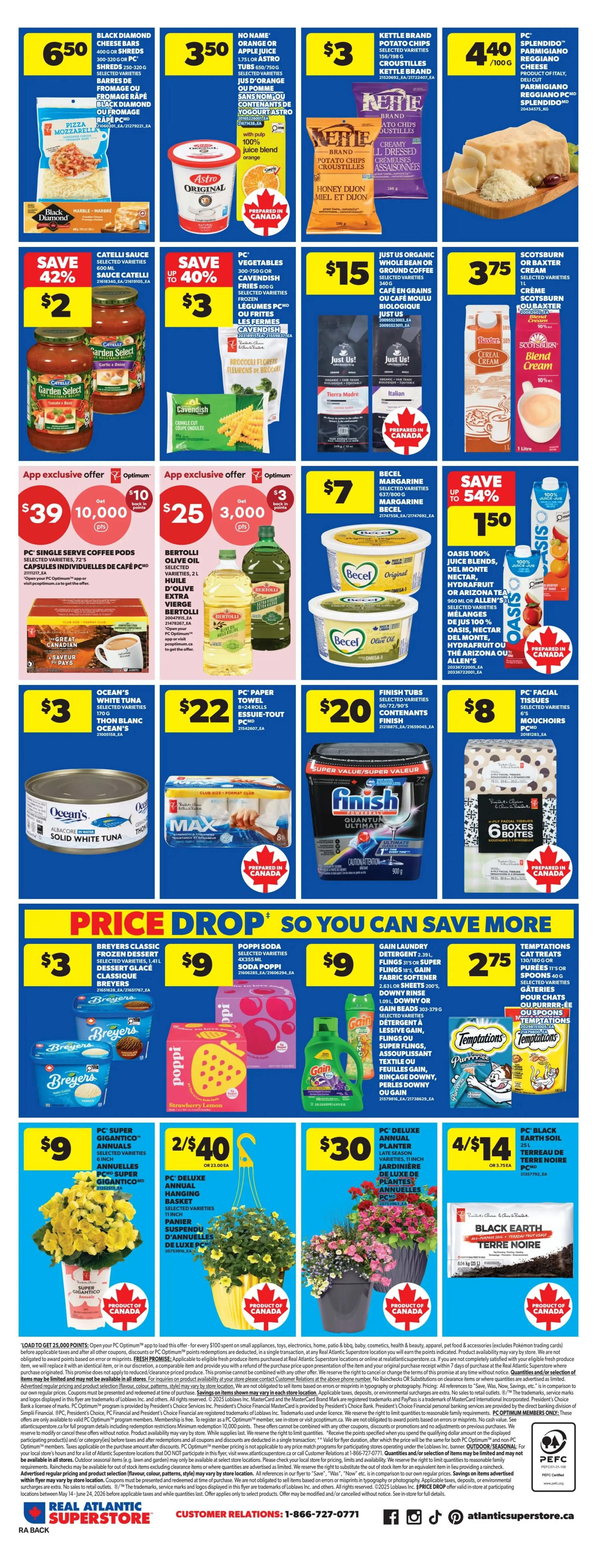 Atlantic Superstore weekly flyer specials, page 4. Featured items include Black Diamond cheese bars for $6.50, Astro Original yogurt for $3.50, Kettle Brand potato chips for $3, and PC Splendido Parmigiano Reggiano cheese for $4.40/100g. Also on sale are Catelli sauce for $2 (save 42%), Cavendish frozen fries for $3 (save up to 40%), Just Us! organic coffee for $15, and Scotsburn or Baxter cream for $3.75. App exclusive offers include PC single serve coffee pods for $39 with 10,000 Optimum points back, and Bertolli olive oil for $25 with 3,000 Optimum points back. Becel margarine is $7, and Oasis juice blends are on sale for $1.50 (save up to 54%). Ocean's white tuna is $3, PC paper towel 8-24 rolls is $22, Finish tubs are $20, and PC facial tissues are $8. Price drop specials include Breyers classic frozen dessert for $3, Poppi soda for $9, Gain laundry detergent for $9, and Temptations cat treats for $2.75. Also available are PC super gigantic annuals for $9, PC deluxe annual planters for $30, and PC black earth soil for 4/$14.