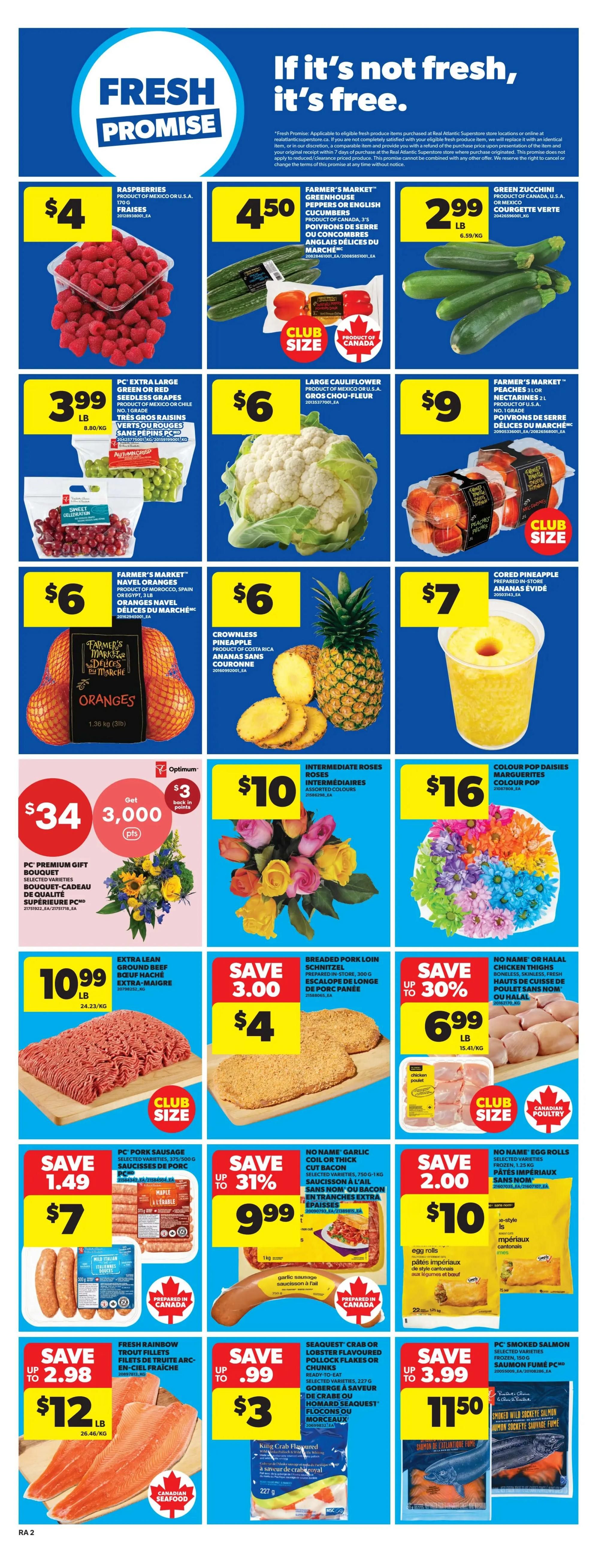 Atlantic Superstore weekly flyer specials page 5. Fresh Promise section highlights: Raspberries for $4, Farmer's Market Greenhouse Peppers or English Cucumbers for $4.50 (Club Size, Product of Canada), and Green Zucchini for $2.99 per pound. Other produce deals include PC Extra Large Seedless Grapes for $3.99 per pound, Large Cauliflower for $6, Farmer's Market Oranges for $6, and Crownless Pineapple for $6. Also featured is a Cored Pineapple for $7. A PC Premium Gift Bouquet is available for $34 with 3,000 bonus Optimum points. Floral offers include Intermediate Roses Assorted Colours for $10 and Colour Pop Daisies or Marguerites for $16. Meat specials include Extra Lean Ground Beef for $10.99 per pound, Breaded Pork Loin Schnitzel for $4 (Save $3), and No Name or Halal Chicken Thighs for $6.99 per pound (Save up to 30%, Club Size, Canadian Poultry). Other deals include No Name Garlic Coil or Thick Cut Bacon for $7 (Save $1.49), No Name Egg Rolls for $10, Fresh Rainbow Trout Fillets for $12 (Save up to $2.98), Seaquest Crab or Lobster Flavoured Pollock Flakes or Chunks for $3 (Save up to $0.99), and PC Smoked Salmon for $11.50 (Save up to $3.99).