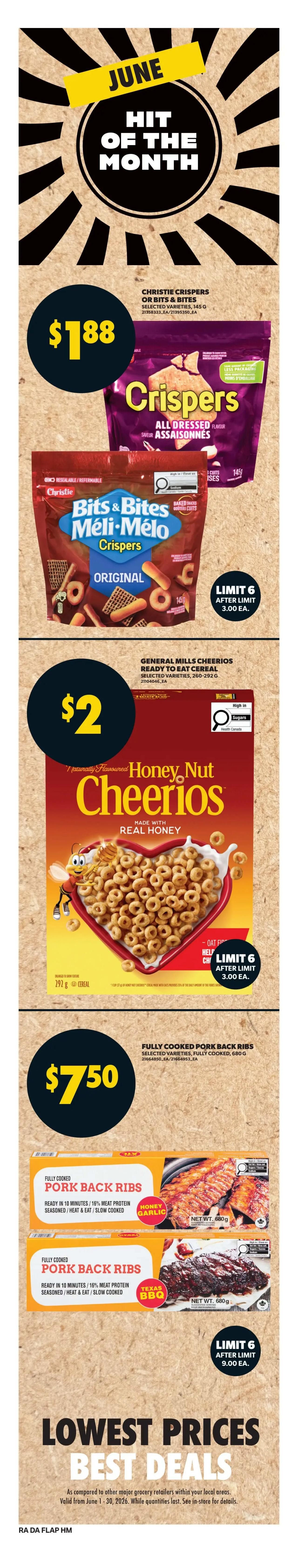 Atlantic Superstore weekly flyer specials, page 8. Featuring June's Hit of the Month deals. Christie Crispers or Bits & Bites selected varieties, 145g, are on sale for $1.88 each, with a limit of 6 per customer. General Mills Cheerios ready to eat cereal, selected varieties, 260-292g, is priced at $2 each, with a limit of 6 per customer. Fully cooked pork back ribs, selected varieties, 680g, are available for $7.50 each, with a limit of 6 per customer. The page also highlights 'Lowest Prices Best Deals' valid from June 1-30, 2026, while quantities last.