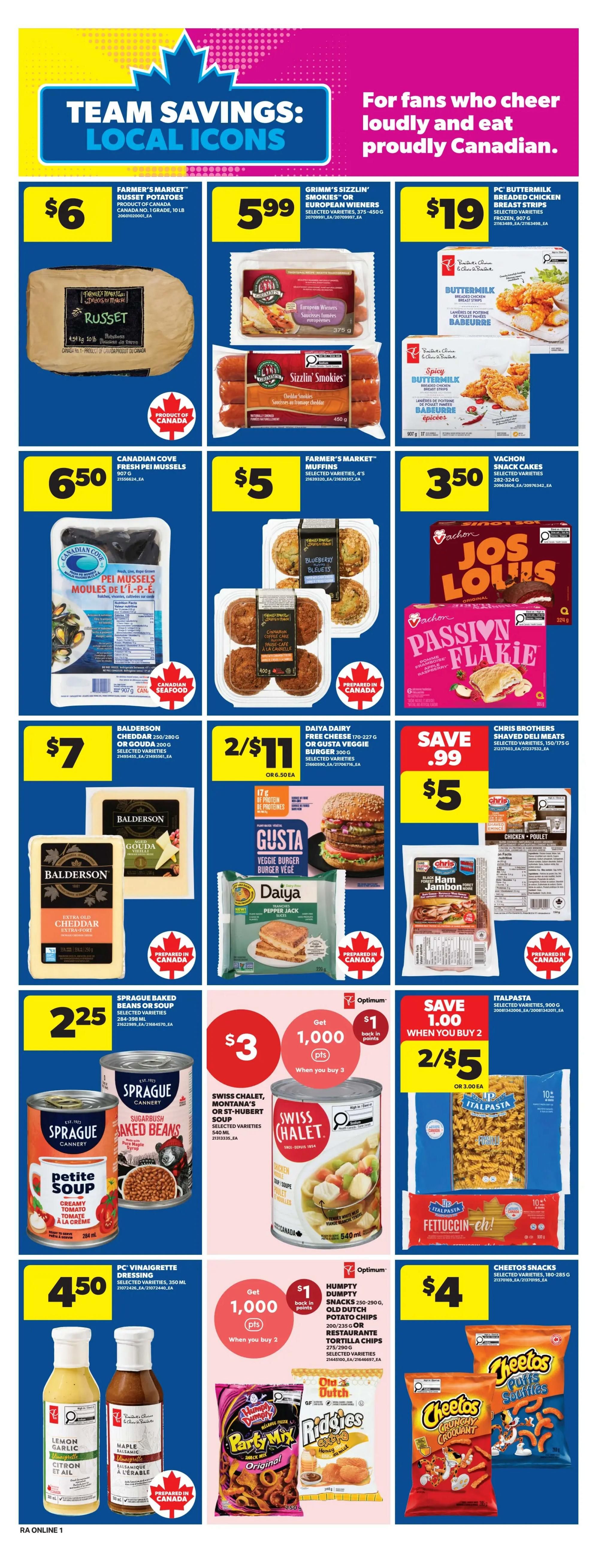 Atlantic Superstore weekly flyer specials page 10 features 'Team Savings: Local Icons' with various products. Farmer's Market Russet Potatoes are $6. Grimm's Sizzlin' Smokies or European Wieners are $5.99. PC Buttermilk Breaded Chicken Breast Strips are $19. Canadian Cove Fresh Pei Mussels are $6.50. Farmer's Market Muffins (4's) are $5. Vachon Snack Cakes, including Jos Louis and Passion Flake, are $3.50. Balderson Cheddar or Gouda cheese is $7. Daiya Dairy Free Veggie Burgers or Cheese Slices are 2 for $11, or $6.50 each. Chris Brothers Shaved Deli Meats are save $0.99, priced at $5. Sprague Baked Beans or Soup are $2.25. Swiss Chalet, Montana's or St-Hubert Soup is $3 and get 1,000 Optimum points back when you buy 3. Italpasta Fettuccine or other selected pastas are 2 for $5, or $3.00 each. PC Vinaigrette Dressing is $4.50. Humpty Dumpty Snacks, Old Dutch Potato Chips or Tortilla Chips are featured with a 'Get 1,000 points back' offer when you buy 2. Cheetos Snacks are $4.