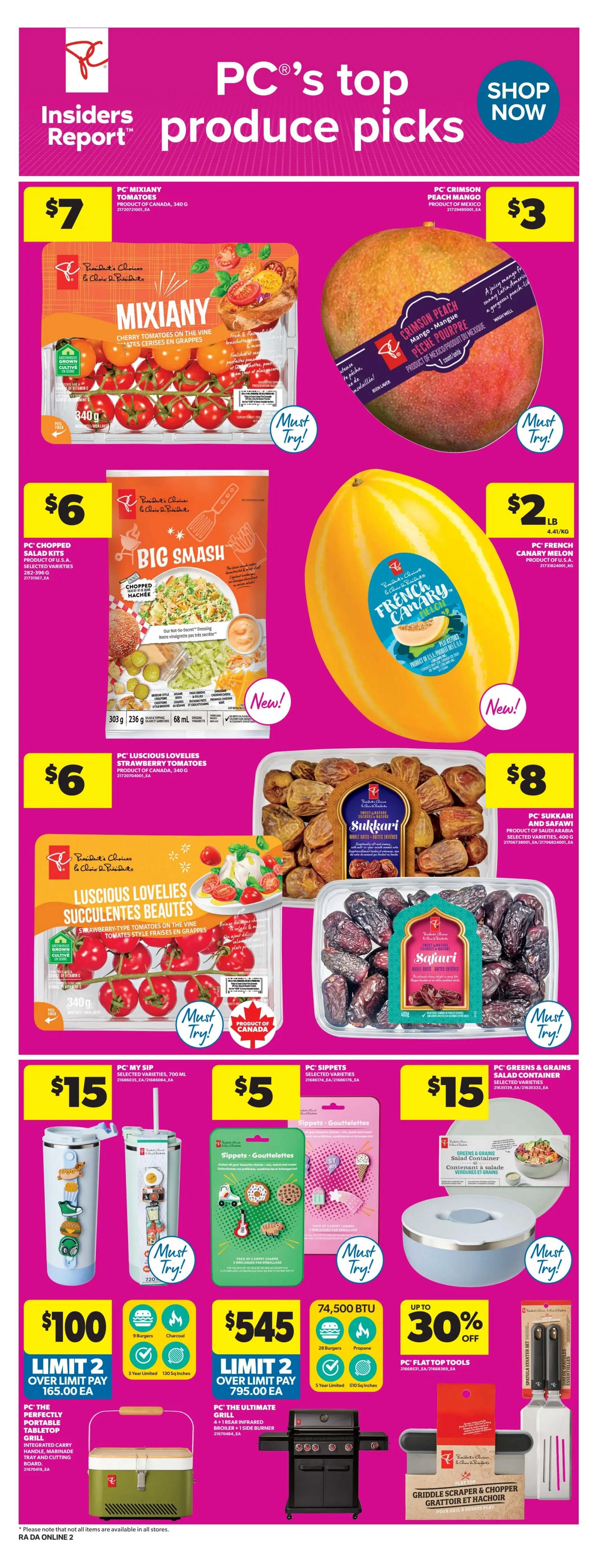 Atlantic Superstore weekly flyer specials page 11 features PC's top produce picks. Get PC Mixiany Tomatoes on the vine for $7, PC Crimson Peach Mango for $3, PC Big Smash Salad Kits for $6, and PC French Canary Melon for $2 per pound. Also featured are PC Luscious Lovelies Succulent Beauties Strawberry Tomatoes for $6, PC Sukkari and Safawi dates for $8, and Sajari dates for $8. Other items include PC My Sip selected varieties for $15, PC Sippets Gouttelettes for $5, and PC Greens & Grains Salad Container for $15. For larger purchases, find PC The Perfectly Portable Tabletop Grill for $100 (limit 2, over limit pay $165.00 each), PC The Ultimate Grill 4+1 rear infrared burners with side burner for $545 (limit 2, over limit pay $795.00 each), and up to 30% off PC Flat Top Tools. Must Try! labels are on several produce items.