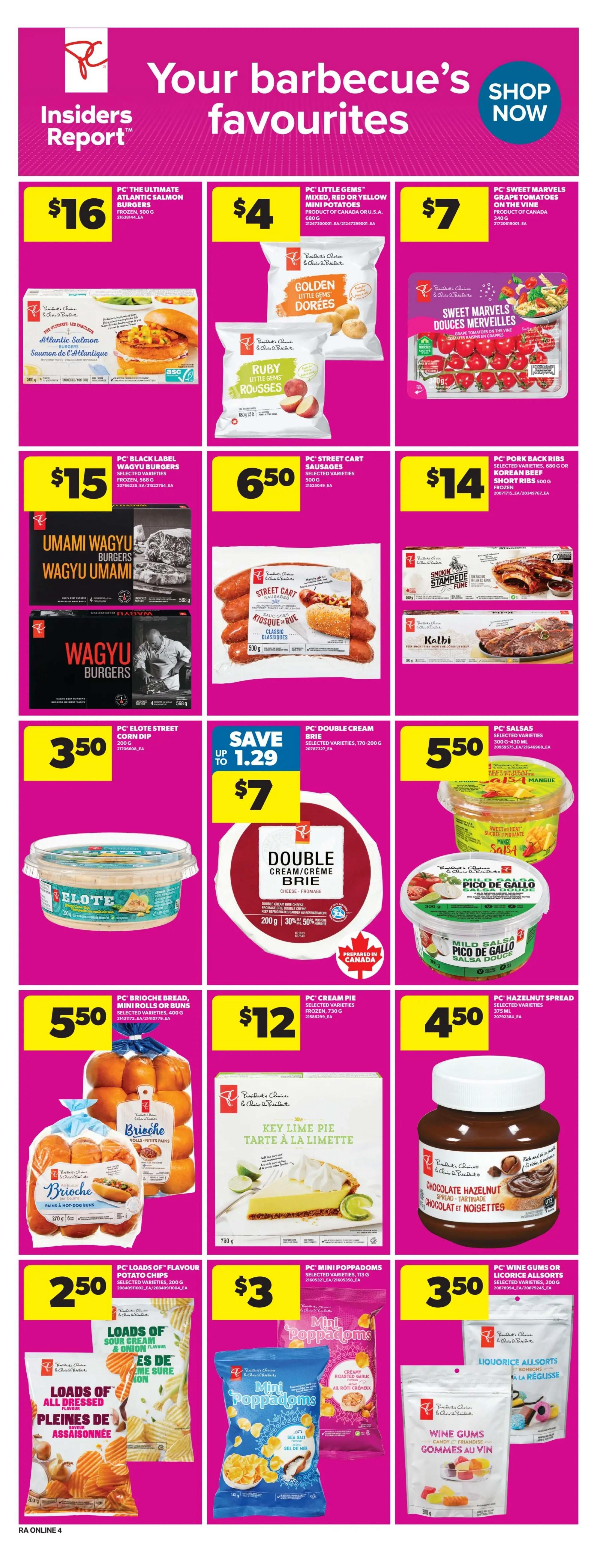 Atlantic Superstore weekly flyer specials page 13 features barbecue favourites. Deals include PC The Ultimate Atlantic Salmon Burgers for $16, PC Little Gems Golden and Ruby Mini Potatoes for $4, PC Sweet Marvels Grape Tomatoes on the Vine for $7, PC Black Label Wagyu Burgers for $15, PC Street Cart Sausages for $6.50, and PC Pork Back Ribs or Korean Beef Short Ribs for $14. Also featured are PC Elote Street Corn Dip for $3.50, PC Double Cream Brie for $7 (save up to $1.29), PC Salsas in selected varieties for $5.50, PC Brioche Bread, Mini Rolls or Donuts for $5.50, PC Cream Pie in selected varieties for $12, PC Hazelnut Spread for $4.50, PC Loads of Flavour Potato Chips for $2.50, PC Mini Poppadoms for $3, and PC Wine Gums or Licorice Allsorts for $3.50.