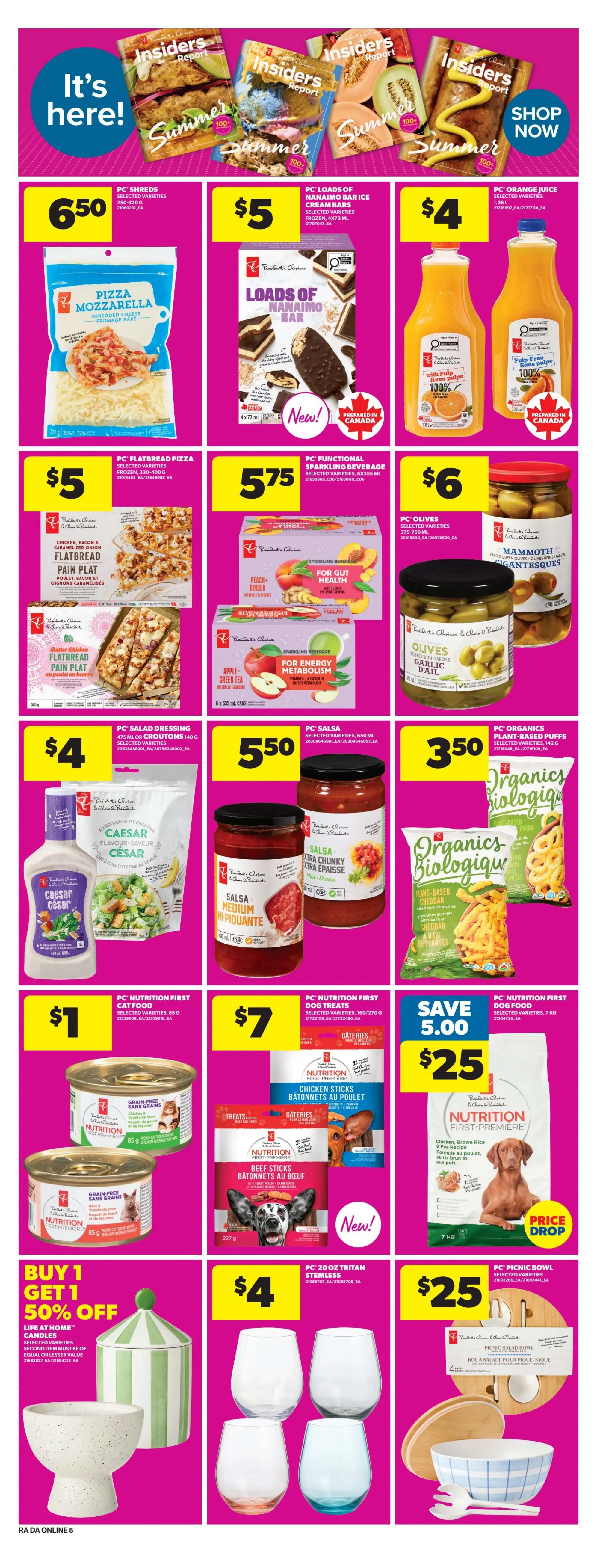 Atlantic Superstore weekly flyer specials page 14 features a variety of products. Top row includes PC Shreds Shredded Mozzarella for $6.50, PC Loads of Nanaimo Bar Ice Cream Bars for $5, PC Orange Juice for $4, and PC Olives Mammoth Green Olives for $6. Middle row showcases PC Flatbread Pizza for $5, PC Functional Sparkling Beverage Peach Ginger and Apple Green Tea for $5.75, and PC Organics Plant-Based Puffs Cheddar for $3.50. Bottom row highlights PC Caesar Dressing for $4, PC Salsa Medium Picante for $5.50, PC Nutrition First Cat Food for $1, PC Nutrition First Dog Treats Chicken Sticks and Beef Sticks for $7, and PC Nutrition First Dog Food 7 kg for a 'Save $5.00' special price of $25. Also featured is a 'Buy 1 Get 1 50% Off' promotion on Life at Home Candles, and PC 20 oz Tritan Stemless Glasses for $4. Finally, a PC Picnic Bowl set is available for $25.