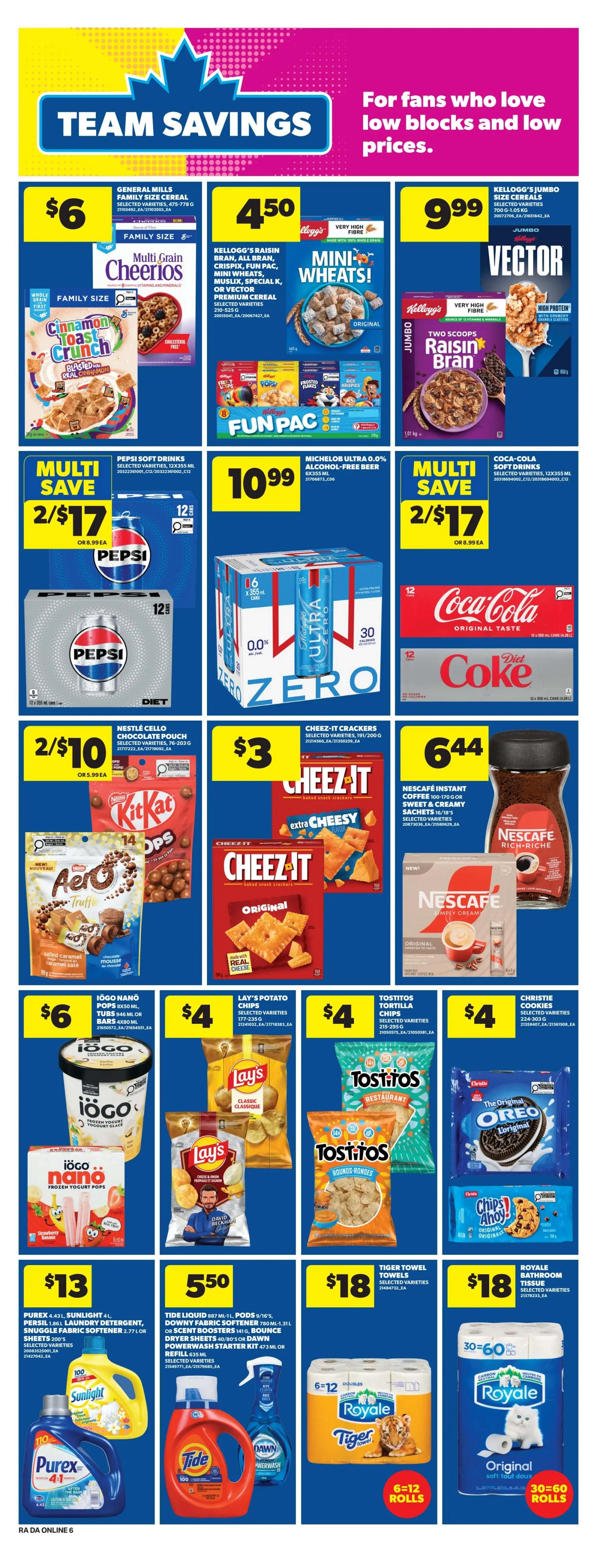 Atlantic Superstore weekly flyer specials page 15 features 'Team Savings' with low prices. Deals include General Mills Family Size Cereal for $6, Kellogg's Raisin Bran, Crispix, or Mini Wheats for $4.50, and Kellogg's Jumbo Size Vector or Raisin Bran for $9.99. Pepsi Soft Drinks are multi-save 2 for $17, or $8.99 each. Michelob Ultra 0.0% Alcohol-Free Beer 6x355ml is $10.99. Coca-Cola Soft Drinks are multi-save 2 for $17, or $8.99 each. Nestlé Pouch Chocolate Hello Panda cookies are 2 for $10, or $5.99 each. Cheez-It Crackers are $3. Nescafé Instant Coffee is $6.44. Aero Truffles and Kit Kat bars are featured. Iögo Nano Pups or Iögo Yogurt Tubs are $6. Lay's Potato Chips and Tostitos Tortilla Chips are $4 per bag. Christie Cookies, including Original Oreo, are also $4. Cleaning supplies include Purex 4.43L Laundry Detergent, Sunlight 4L, Snuggle Fabric Softener 2.77L for $13. Tide Liquid 887ml, pods, Bounce Fabric Softener, or Dawn Powerwash Starter Kit are $5.50. Tiger Towels are $18. Royale Bathroom Tissue, 30=60 rolls, is also $18.