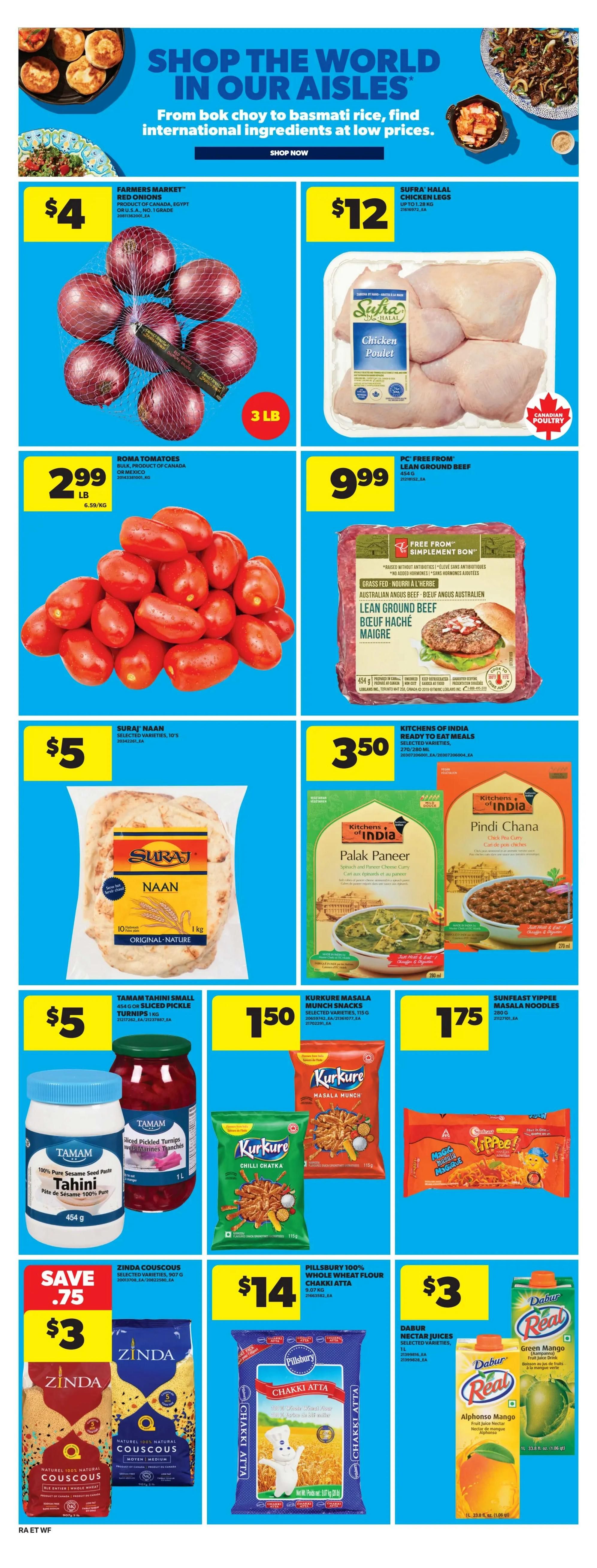 Atlantic Superstore weekly flyer specials page 20 features a 'Shop the World in Our Aisles' theme. On sale are Farmers Market Red Onions for $4, Sufra Halal Chicken Legs for $12, and Roma Tomatoes for $2.99 per pound. Also available is PC Free From Lean Ground Beef for $9.99. Featured international foods include Suraj Naan for $5, Kitchens of India Palak Paneer and Pindi Chana for $3.50 each. Snacks on sale are Tamam Tahini Small or Sliced Pickle Turnips for $5, Kurkure Masala Munch Snacks for $1.50, and Sunfeast Yippee Masala Noodles for $1.75. Additionally, Zinda Couscous is on special for $3 with a save of $0.75, Pillsbury 100% Whole Wheat Flour Chakki Atta is $14, and Dabur Nectar Juices in selected varieties are $3.