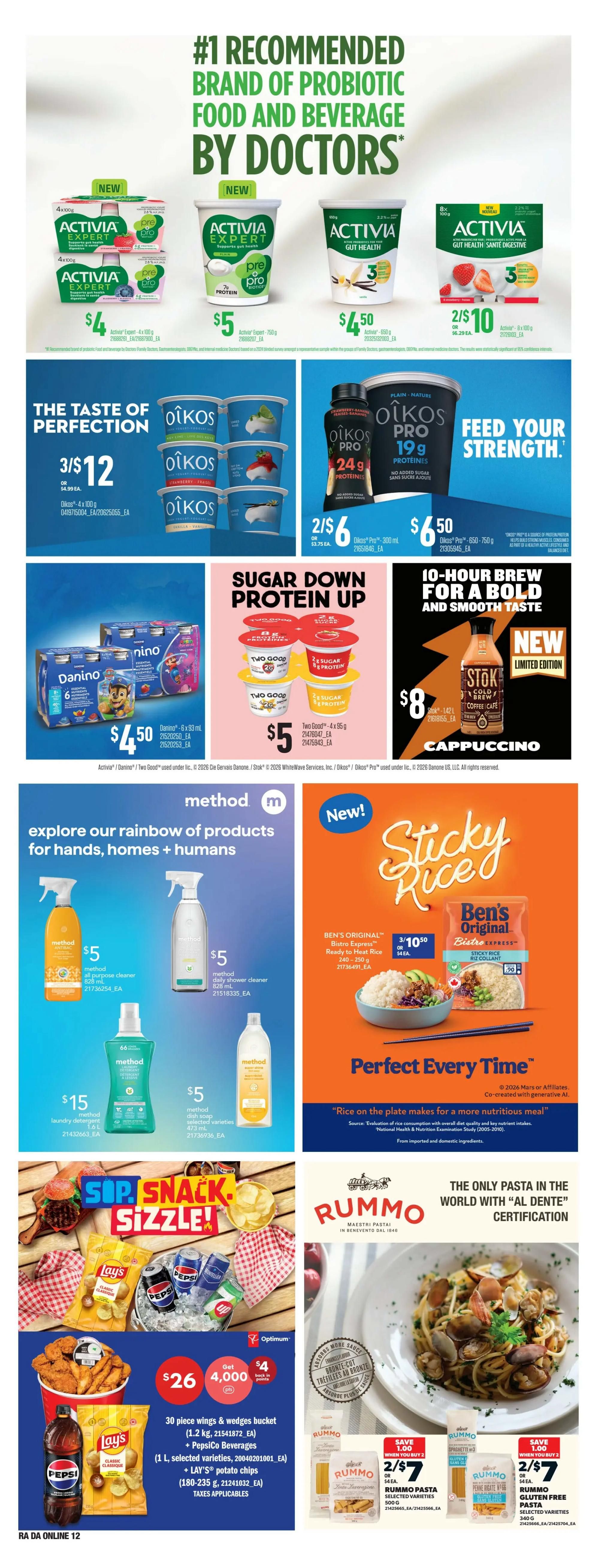 Atlantic Superstore weekly flyer specials page 27 features Activia Expert probiotic yogurt products, including 4x100g for $4, 700g for $5, and 150g for $4.50. Oikos yogurt multipacks (4x100g) are 3 for $12, and Oikos Pro drinks (300ml) are 2 for $6. Danino 6x93ml is $4.50. Two Good yogurt (4x95g) is $5. Stok Cold Brew coffee (limited edition) is $8. Method products include all-purpose cleaner (828ml) for $5, daily shower cleaner (539ml) for $5, laundry detergent (1.5L) for $15, and dish soap (473ml) for $5. Ben's Original Bistro Express Sticky Rice (240-250g) is 3 for $10.50. The 'Sup, Snack, Sizzle!' section offers a 30-piece wings & wedges bucket with Lay's potato chips and PepsiCo beverages for $26, plus get 4,000 Optimum points. Rummo pasta is featured with selected varieties (500g) at 2 for $7, and Rummo gluten-free pasta (300g) is also 2 for $7.