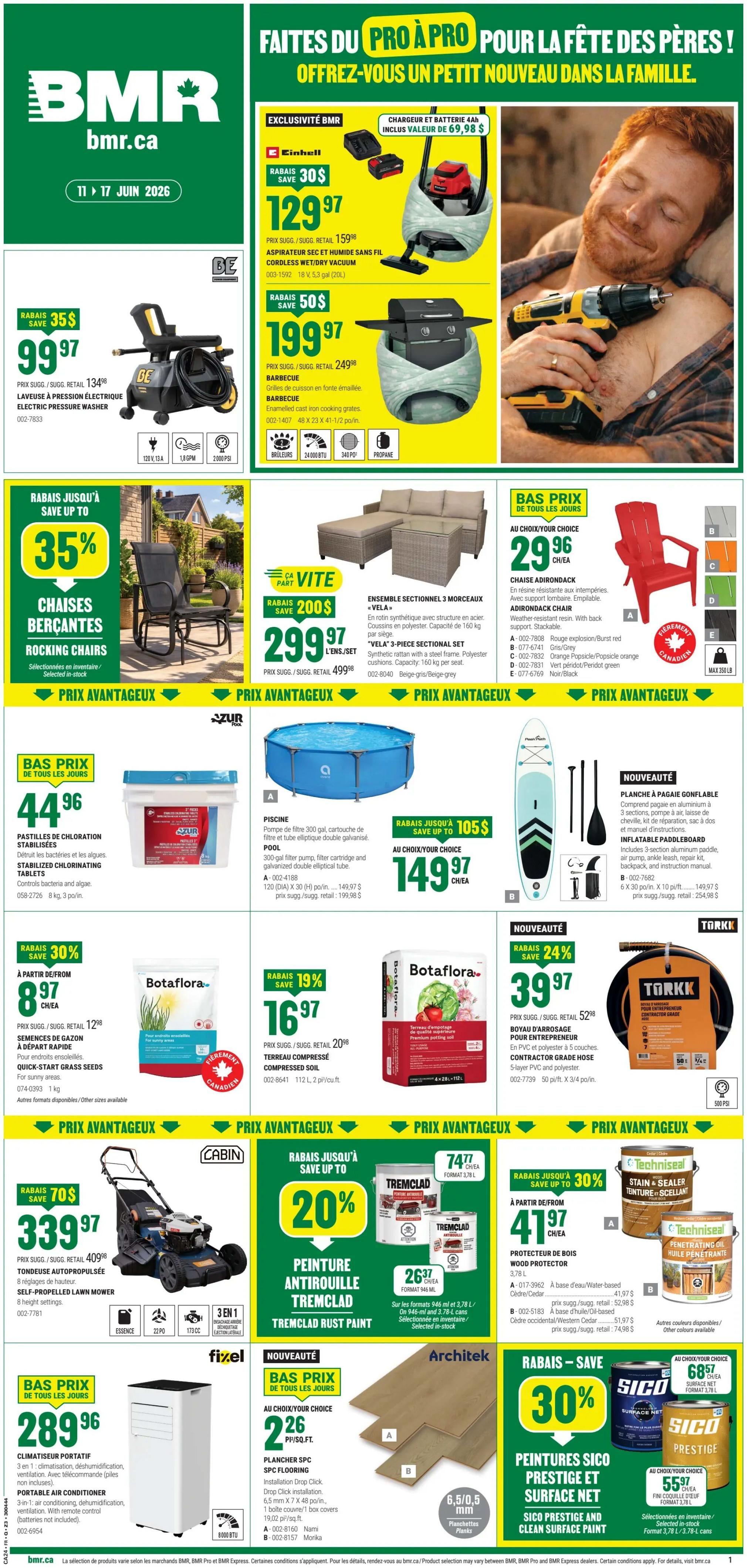 BMR Weekly Flyer Specials, valid June 11 to June 17, 2026. Featured items include an Einhell cordless wet/dry vacuum for $129.97 (save $30), an Enameled cast iron cooking grates barbecue for $199.97 (save $50), and a BE electric pressure washer for $99.97 (save $35). Also on sale are rocking chairs at 35% off, a Vela 3-piece sectional set for $299.97 (save $200), and Adirondack chairs for $29.96 each. Pool supplies include stabilized chlorinating tablets for $44.96 and a 300 gal. filter pump pool for $149.97 (save $105). Garden items include Botafiora quick-start grass seeds starting at $8.97 (save 30%) and Botafiora premium potting soil for $16.97 (save 19%). Other deals include a self-propelled lawn mower for $339.97 (save $70), Tremclad rust paint for $26.37 each (save 20%), and wood protector for $41.97. New items include a portable air conditioner for $289.96, SPC flooring for $2.26 per sq. ft., and Sico Prestige and Surface Net paints with savings up to 30% and 55% respectively.