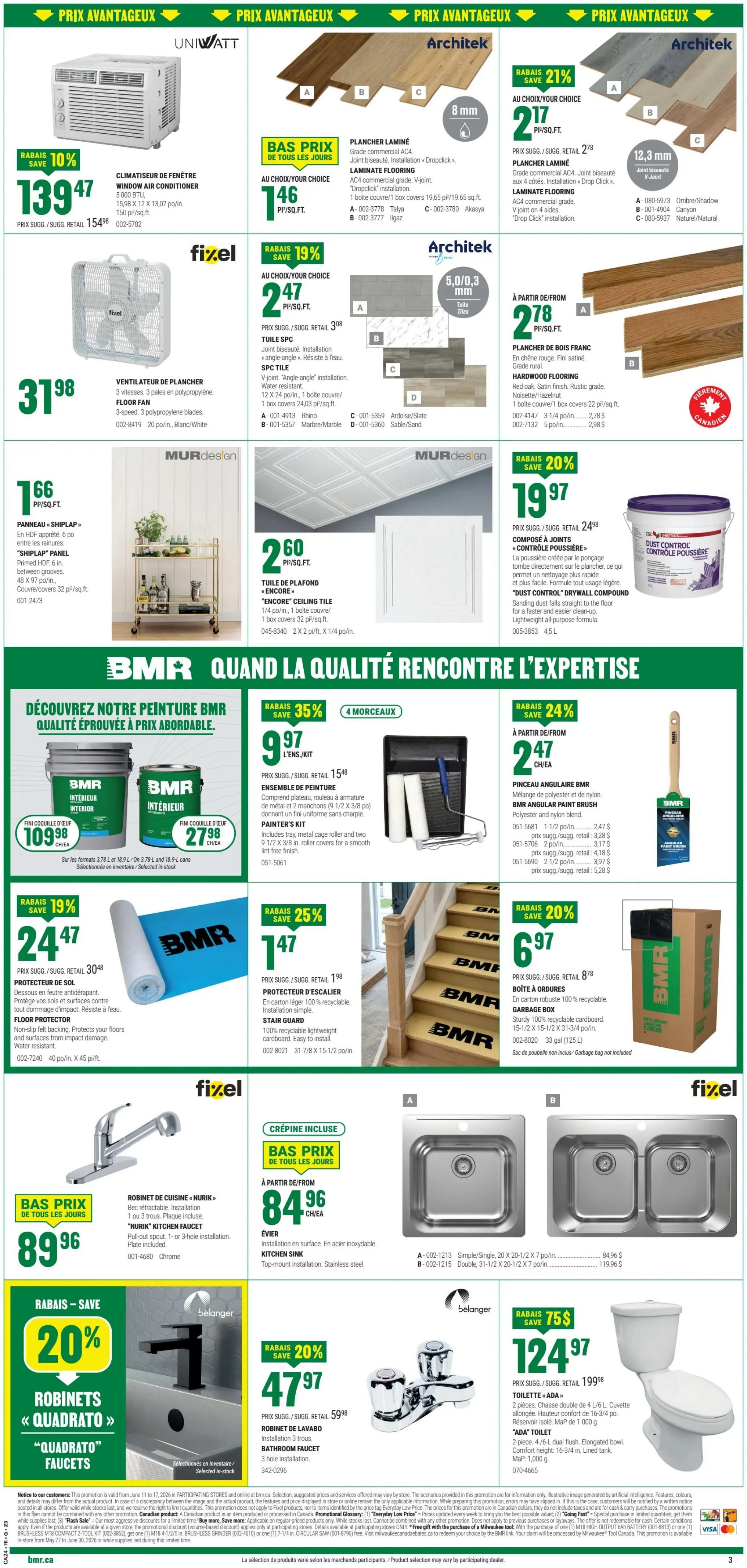 BMR Weekly Flyer Specials, Page 4. Top section features building materials and home improvement items. Includes Uni-Watt window air conditioner for $139.47 with 10% savings, Fixel floor fan for $31.98, and Murdesign Shiplap panel for $1.66/sq.ft. Also features Architek laminate flooring at $1.46/sq.ft. and $2.17/sq.ft., and Architek SPC tile for $2.47/sq.ft. with 19% savings. Other items include Architek hardwood flooring for $2.78/sq.ft. and 'Encore' ceiling tile for $2.60/sq.ft. The main section showcases BMR paint and painting supplies. Get BMR interior paint (egg finish) in 3.78 L for $109.98 and 2-L for $27.98. Also, a Painter's kit with tray, metal cage roller, and two 9-1/2 x 3/8 in. roller covers is on sale for $9.97 with 35% savings. BMR Angular paint brush is $2.47 with 24% savings. Other deals include BMR floor protector for $24.47 with 19% savings and BMR stair guard for $1.47 with 25% savings. A BMR garbage box is $6.97 with 20% savings. Plumbing fixtures include a 'Nurik' kitchen faucet for $89.96 and a 'Quadrato' faucet set for $47.97 with 20% savings. A 'Belanger' bathroom faucet is $47.97 with 20% savings. Also featured is an Evier kitchen sink for $84.96 and an ADA toilet for $124.97 with $75 savings.