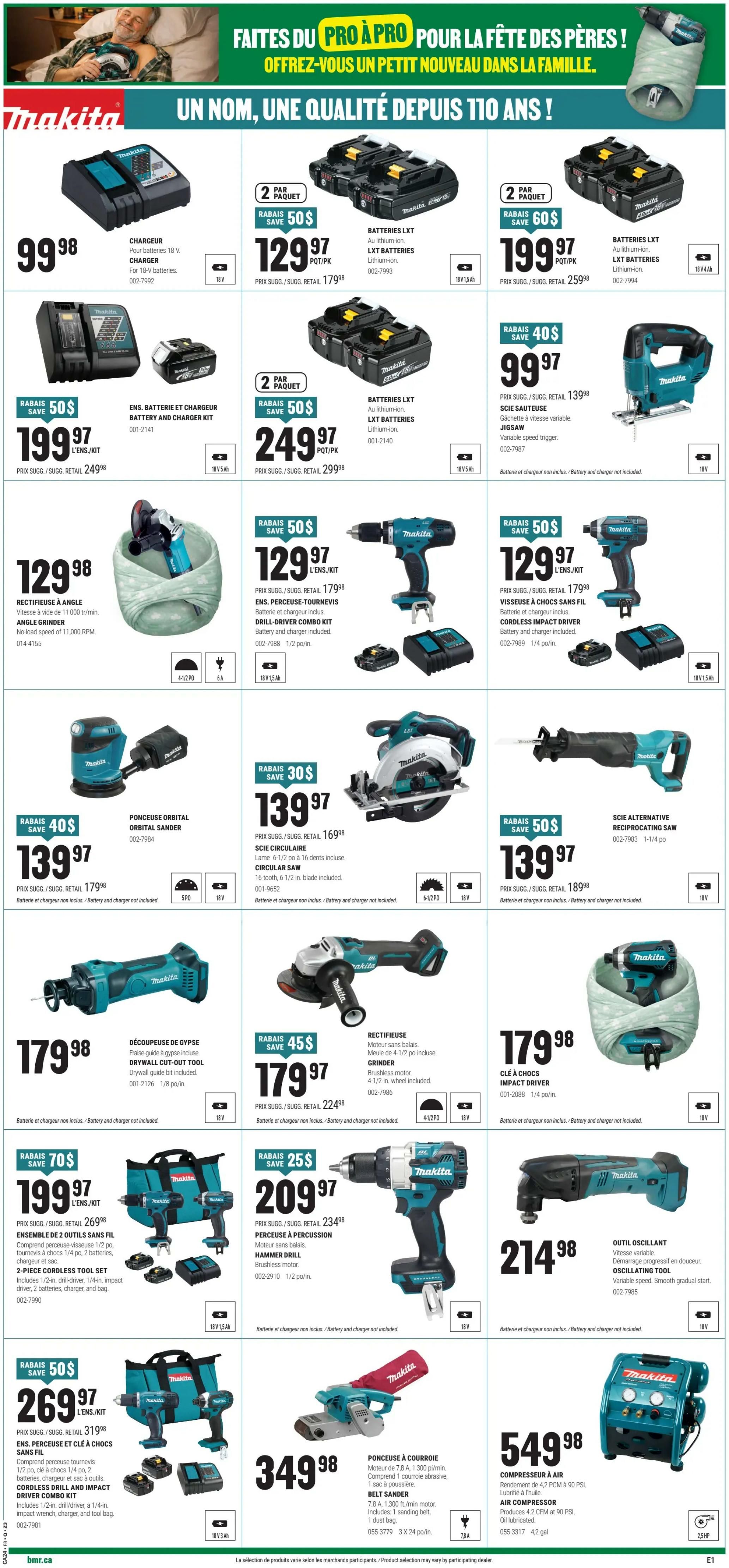 BMR Weekly Flyer Specials Page 5 features a wide selection of Makita power tools. Deals include a 18V battery charger for $99.98, a 2-pack of LXT batteries for $129.97 (save $50), another 2-pack of LXT batteries for $199.97 (save $50), and a 2-pack of LXT batteries with charger kit for $249.97 (save $50). Also available are a jigsaw for $99.97 (save $40), an angle grinder for $129.98, a drill-driver combo kit for $129.97 (save $50), an orbital sander for $139.97 (save $40), a circular saw for $139.97 (save $30), a reciprocating saw for $139.97 (save $50), a drywall cut-out tool for $179.98, a grinder for $179.97 (save $45), a cordless drill and impact driver combo kit for $269.97 (save $50), a hammer drill for $209.97 (save $25), an oscillating tool for $214.98, a belt sander for $349.98, and an air compressor for $549.98.