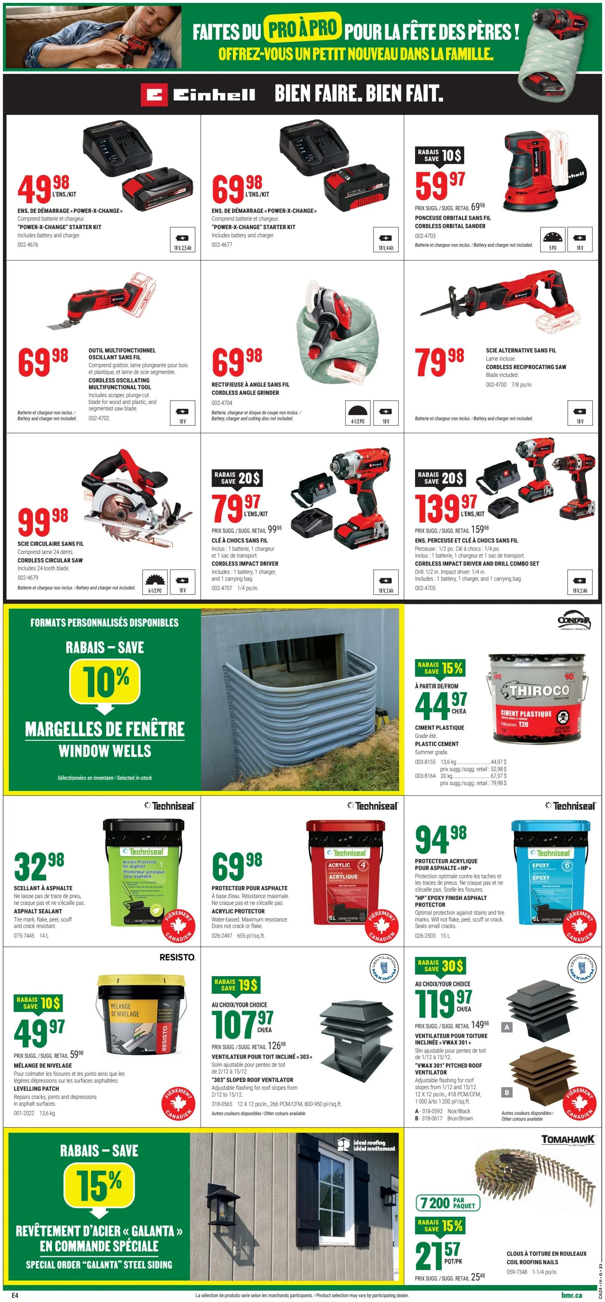 BMR Weekly Flyer Specials, Page 8. Features Einhell power tools including a 'Power-X-Change' Starter Kit for $49.98, another 'Power-X-Change' Starter Kit for $69.98, a Cordless Oscillating Multifunctional Tool for $69.98, a Cordless Angle Grinder for $69.98, a Cordless Reciprocating Saw for $79.98, a Cordless Circular Saw for $99.98, a Cordless Impact Driver for $79.97, and a Cordless Impact Driver and Drill Combo Set for $139.97. Also on sale are Techniseal products: Asphalt Sealant for $32.98, an Acrylic Protector for $69.98, and an 'HP' Epoxy Finish Asphalt Protector for $94.98. There is a 10% discount on selected 'Galanta' Steel Siding. Other featured items include plastic cement for $44.97, '303' Sloped Roof Ventilators starting at $107.97, and 'Vmax 301' Pitched Roof Ventilators for $119.97. Also available are Levelling Compound for $49.97 and a 7200-pack of Coil Roofing Nails for $21.57 with a 15% discount.
