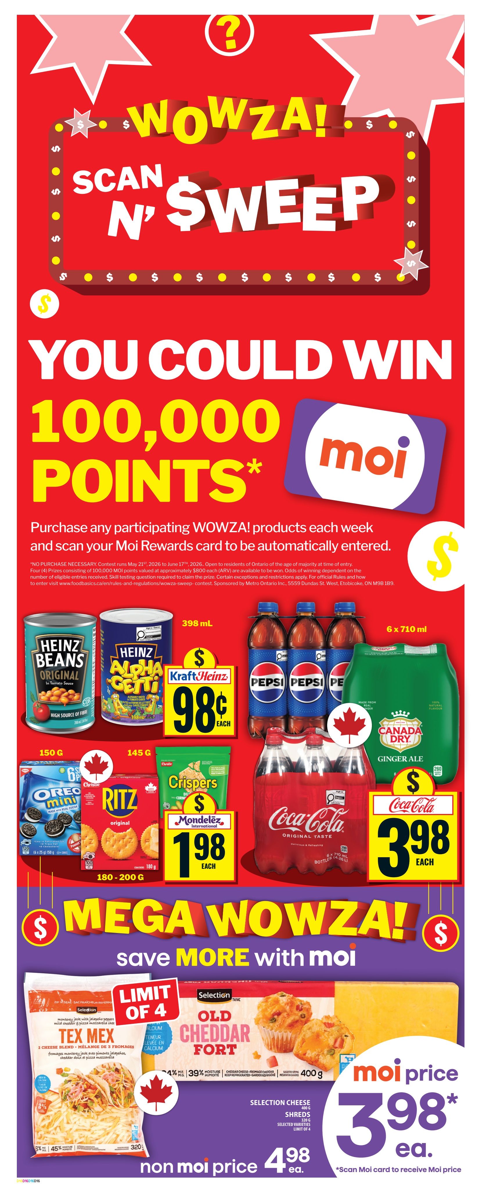 Food Basics weekly flyer specials, page 4. Features a 'Scan N' Sweep' contest to win 100,000 Moi points. On sale: Heinz Beans Original in Tomato Sauce for $0.98 each, Heinz Alpha-Getti for $0.98 each, Pepsi 6 x 710 ml bottles for $3.98, and Coca-Cola Original Taste 6 x 710 ml bottles for $3.98. Also featured are Christie Ritz Original crackers for $1.98, Christie Crispers for $1.98, and Canada Dry Ginger Ale. Below, Selection Tex Mex shredded cheese is on sale with a limit of 4, and Selection Old Cheddar Fort cheese shreds (320g) are available for $4.98 each as a non-Moi price, or $3.98 each with Moi card.
