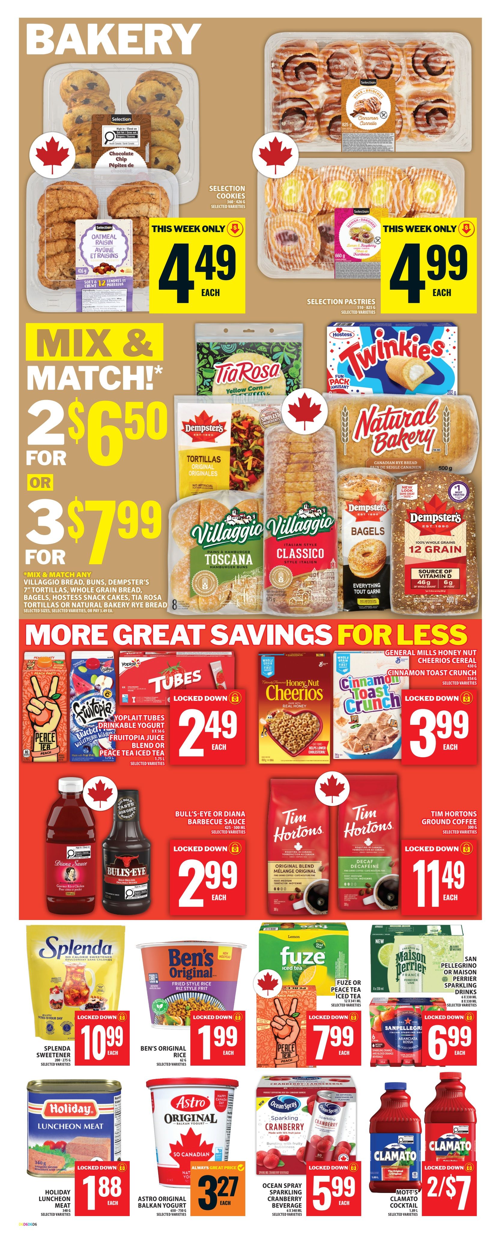Food Basics weekly flyer specials page 9 features bakery items and more great savings. Top section showcases Selection Cookies for $4.49 each and Selection Pastries for $4.99 each. Below, a Mix & Match offer: buy 2 for $6.50 or 3 for $7.99 on Villaggio Bread, Buns, Dempster's 7' Tortillas, Whole Grain Bread, Bagels, Hostess Snack Cakes, Tia Rosa Tortillas or Natural Bakery Rye Bread. Individual items include Twinkies, Natural Bakery Canadian Rye Bread, Dempster's Bagels (12 Grain and Original), Villaggio Toscana and Classico Hamburger Buns. The 'More Great Savings' section includes Yoplait Tubes Drinkable Yogurt and Fruiteopia or Peace Tea Iced Tea for $2.49 each. General Mills Honey Nut Cheerios Cereal and Cinnamon Toast Crunch Cereal are $3.99 each. Bull's-Eye or Diana Barbecue Sauce is $2.99 each. Tim Hortons Original Blend and Decaf Coffee are $11.49 each. Splenda Sweetener is $10.99 each. Ben's Original Fried Style Rice is $1.99 each. Fuze Iced Tea or Peach Tea is $7.99 each. San Pellegrino or Maison Perrier Sparkling Drinks are $6.99 each. Holiday Luncheon Meat is $1.88 each. Astro Original Balkan Yogurt is $3.27 each. Ocean Spray Sparkling Cranberry Beverage is $5.99 each. Mott's Clamato Cocktail is 2 for $7.