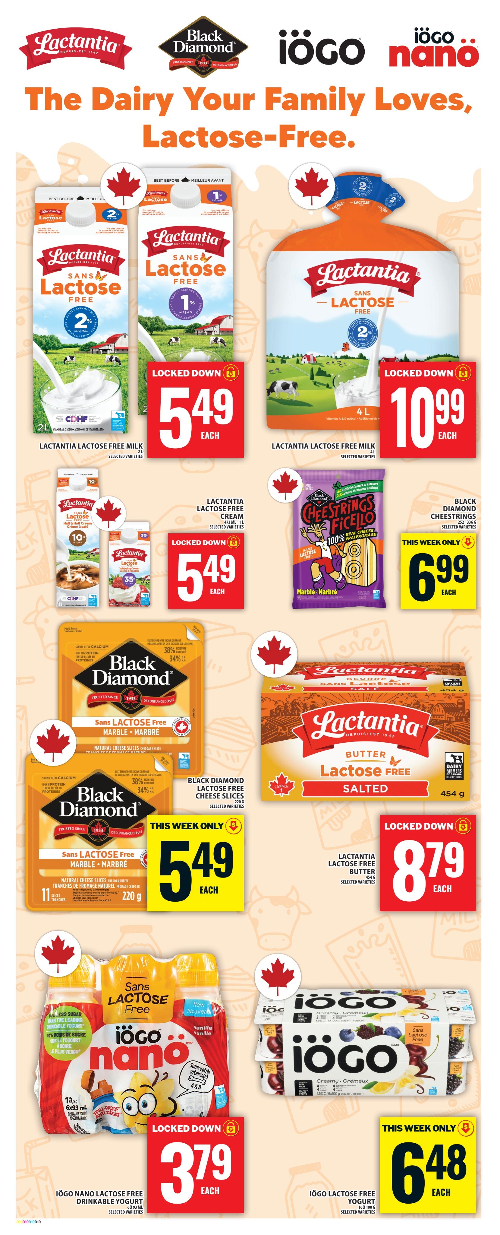 Food Basics weekly flyer specials page 20, featuring dairy products for families. Lactantia Lactose Free Milk is available in 2L for $5.49 each and 4L for $10.99 each. Lactantia Lactose Free Cream is on sale for $5.49 each. Black Diamond Lactose Free Cheese Slices are priced at $5.49 each. Lactantia Lactose Free Butter (salted) is $8.79 each. IöGO Nano Lactose Free Drinkable Yogurt (6x93mL) is $3.79 each. Also featured are Black Diamond Cheestrings, on sale this week only for $6.99 each, and IöGO Lactose Free Yogurt cups, on sale this week only for $6.48 each.