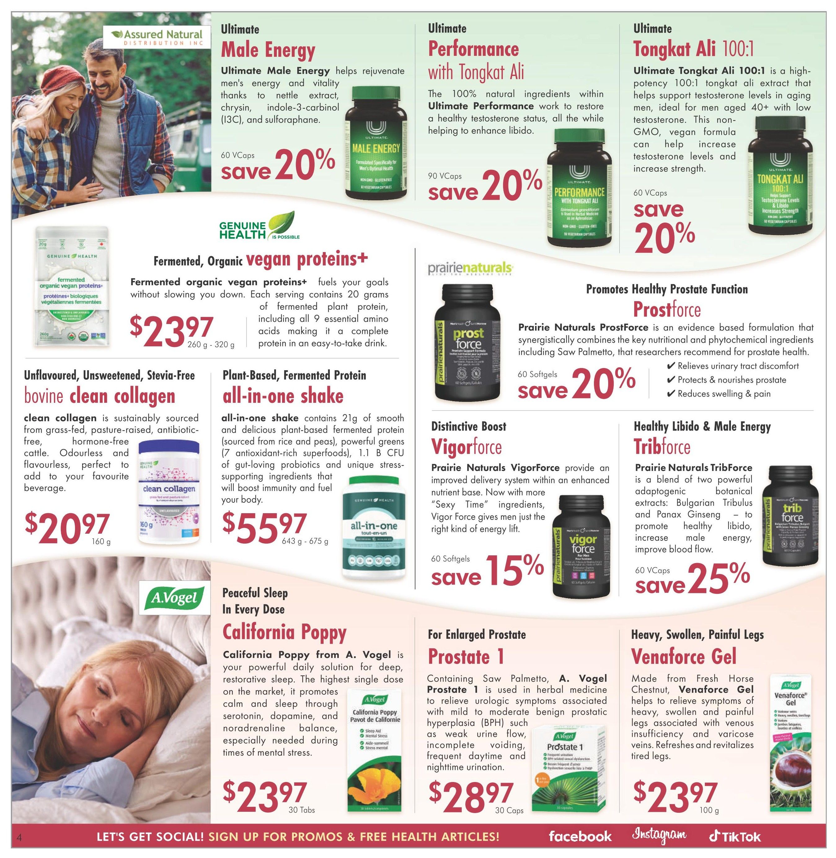 Lifestyle Markets flyer page 4 features a variety of health supplements. Top row includes Ultimate Male Energy, Ultimate Performance with Tongkat Ali, and Ultimate Tongkat Ali 100:1, each offering a 20% saving. Middle row showcases Genuine Health Fermented Organic Vegan Proteins+ for $23.97, Genuine Health Plant-Based Fermented Protein all-in-one shake for $55.97, Prairie Naturals Prostforce with a 20% saving, Prairie Naturals Vigorforce with a 15% saving, and Prairie Naturals Tribforce with a 25% saving. Bottom row highlights A. Vogel California Poppy for peaceful sleep at $23.97, A. Vogel Prostate 1 for enlarged prostate at $28.97, and A. Vogel Venaforce Gel for leg pain relief at $23.97.