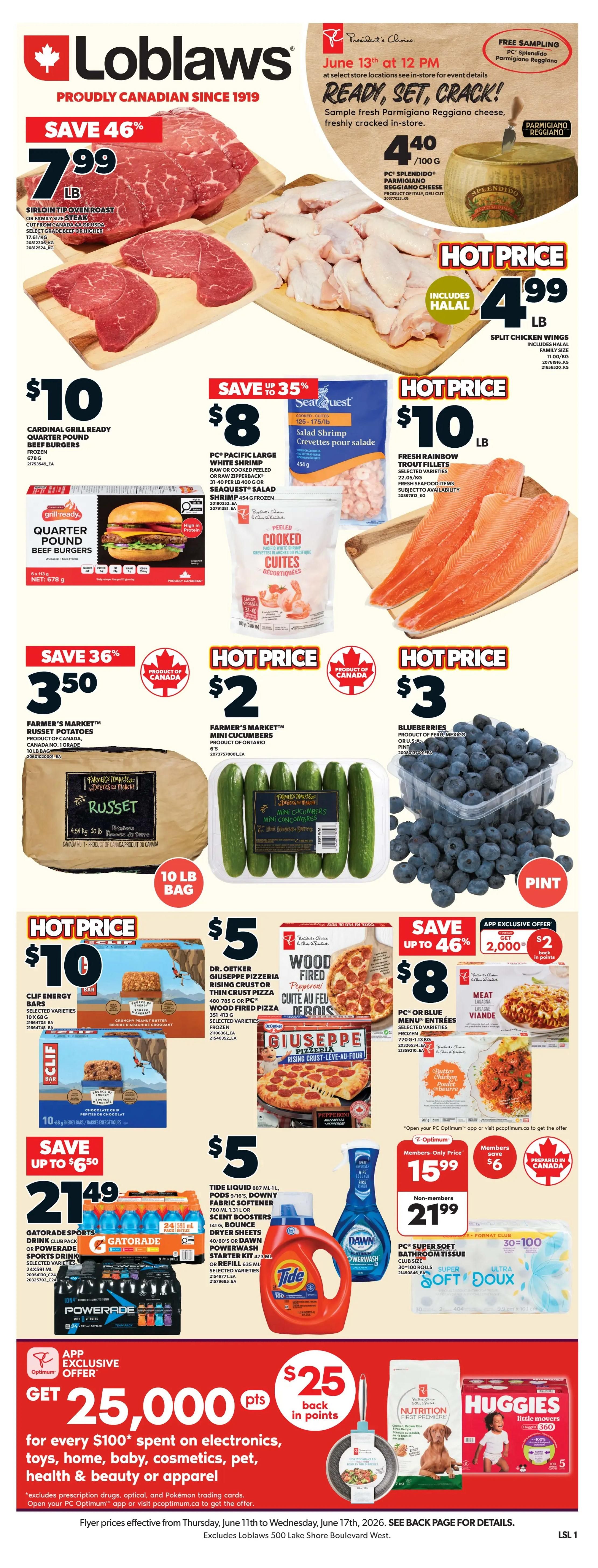 Loblaws flyer: Canada Wins, You Win! Score two (2) FREE chicken tenders the day after Canada's national men's soccer team wins a game. This offer is redeemable between June 11 - July 19, 2026. To get the offer, open your PC Optimum app or visit pcoptimum.ca to load the offer. Once activated, present the offer using the app in the Meals to Go department in-store between 11:00 AM and 7:00 PM at participating Loblaws, City Markets, Zehrs, Your Independent Grocer, Valu-Mart, and Provigo locations. The offer is valid the day after an eligible tournament game win. Product and PC Optimum app must be scanned at checkout. Limit 1 offer per PC Optimum member, associated with the account and expires after one use. Offer has no cash value, is not combinable with other coupons/offers, and has no substitutions, refunds, or exchanges. While supplies last. Image shows two chicken tenders on a red and white checkered paper. Also features logos for Loblaws, City Market, Zehrs, Independent, and Valu-Mart.