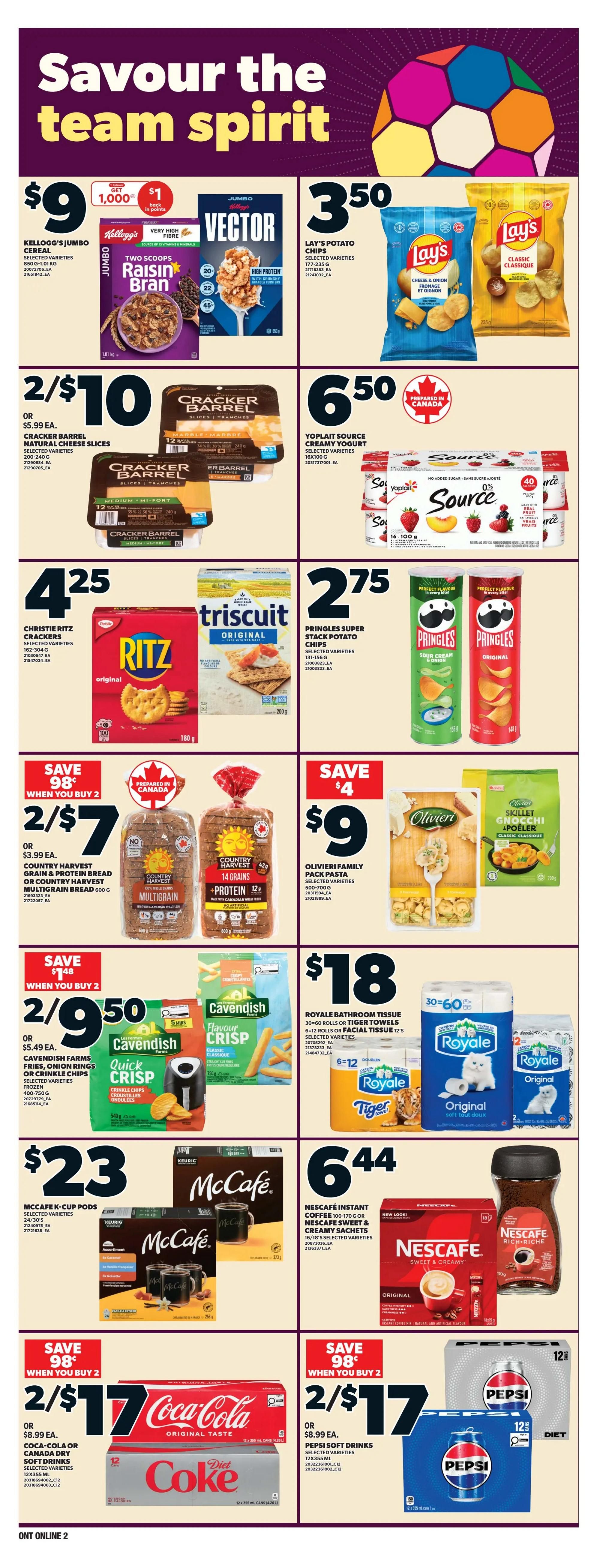 Loblaws weekly flyer specials page 10 features 'Savour the team spirit' theme. Top row includes Kellogg's Jumbo Cereal for $9, Vector High Protein Cereal for $9, and Lay's Potato Chips for $3.50. Second row offers Cracker Barrel Cheese Slices 2 for $10, Yoplait Source Creamy Yogurt for $6.50. Third row features Christie Ritz Crackers for $4.25, Triscuit Original Crackers for $4.25, and Pringles Super Stack Potato Chips for $2.75. Fourth row has Country Harvest Grain & Protein Bread or Multigrain Bread 2 for $7, and Olivieri Family Pack Pasta for $9. Fifth row showcases Cavendish Farms Fries or Onion Rings or Crinkle Chips 2 for $9.50, and Royale Bathroom Tissue or Tiger Towels for $18. Bottom row displays McCafe K-Cup Pods for $23, Nescafé Instant Coffee or Sweet & Creamy Sachets for $6.44, Coca-Cola or Canada Dry Soft Drinks 2 for $17, and Pepsi Soft Drinks 2 for $17.