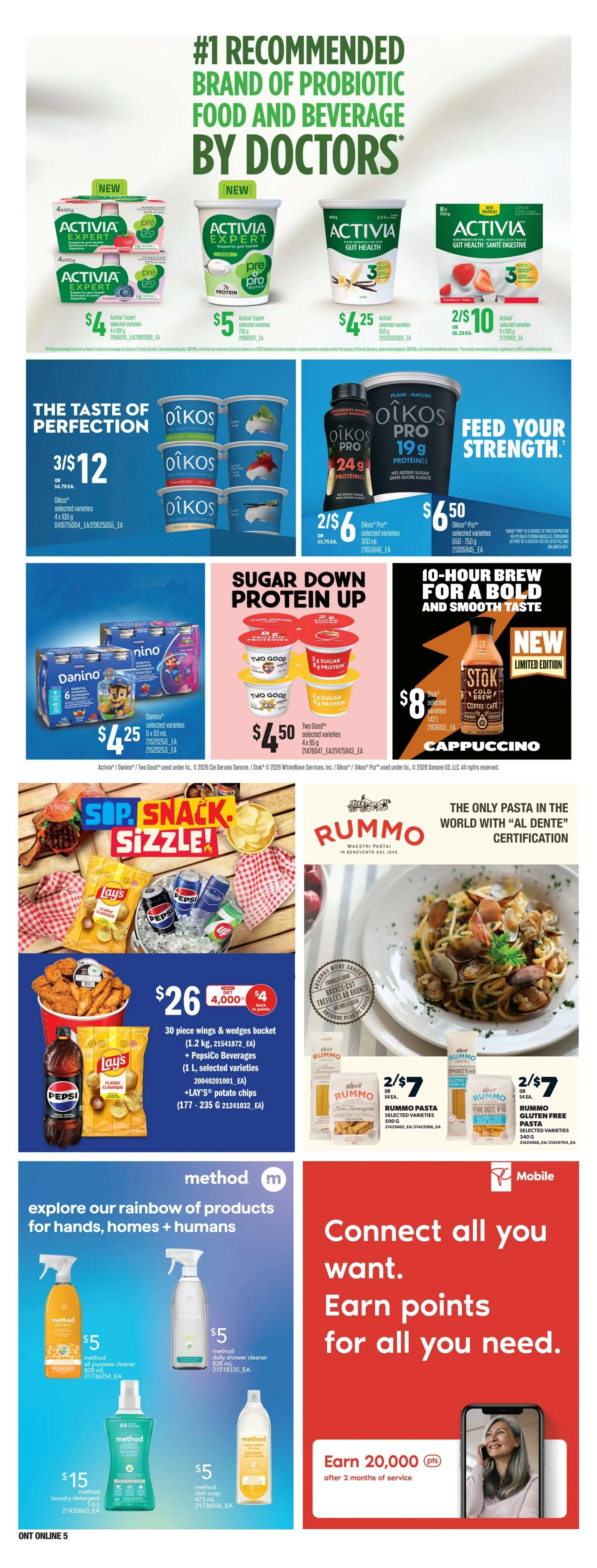 Loblaws weekly flyer specials page 15. Features Activia Expert probiotic yogurts 4x100g for $4, Activia Gut Health yogurt 750g for $5, and Activia Gut Health selected varieties 8x100g for 2 for $10. Oikos selected varieties 4x100g are 3 for $12. Oikos Pro 24g protein drinks 300ml are 2 for $6. Oikos Pro 19g protein drinks 650-750g are $6.50. Danino selected varieties 6x93ml are $4.25. Two Good selected varieties 4x85g are $4.50. Stok Cold Brew Coffee Cafe Cappuccino limited edition 1.42L is $8. A 30-piece wings and wedges bucket with PepsiCo beverages and Lay's potato chips is $26, with a $4 offer on 4,000 points. Rummo selected varieties pasta 500g is 2 for $7. Rummo gluten-free penne rigate pasta 340g is 2 for $7. Method all-purpose cleaner 828ml is $5. Method daily shower cleaner 828ml is $5. Method laundry detergent 1.6L is $15. Method dish soap 713ml is $5. Mobile offer: Earn 20,000 points after 2 months of service.