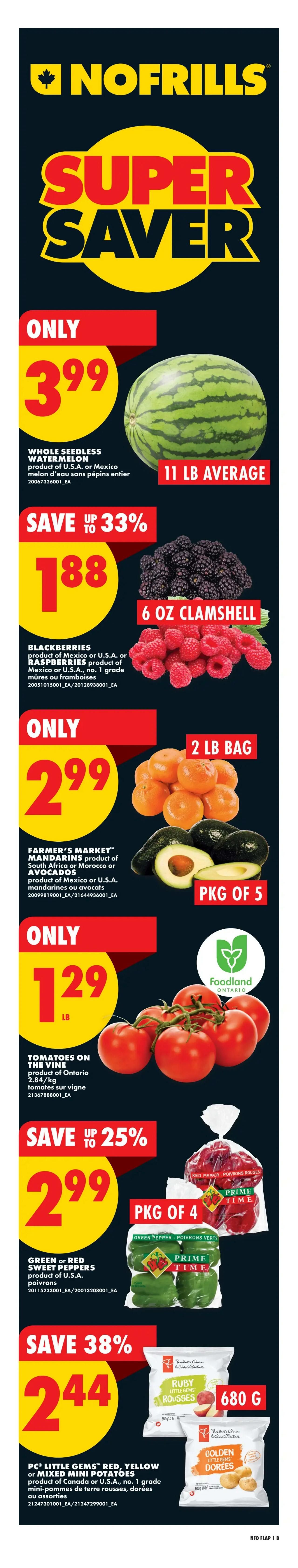 No Frills Ontario weekly flyer specials, page 2. Super Saver deals include Boneless, Skinless Chicken Breast for only $8, Lean Ground Beef for $5.25, and Pork Combo Chop fresh bone-in for $2.22 per lb. Marcangelo Souvlaki Kabobs are on sale for $9. Also featured is Utility Duck frozen for $3.88 per lb. Save up to 29% on Black Diamond Slices Processed Cheese or Lactantia Cream Cheese for $2.97. I Can't Believe It's Not Butter! margarine is on sale for $1.88. Save up to 36% on PC Dinner Entrees for $7. Save 30% on Green Giant Vegetables for $1.25. Save 25% on No Name White Vinegar for $1.50. App exclusive offers include Prestige or Gray Ridge Grade A Large Eggs for $3.50 (member price) and 3,000 Optimum points (worth $3) when you buy No Name Ground Coffee or Timothy's K-Cup Pods. Quality Basmati Rice is on sale for $8.99, and No Name Stuffed Chicken is only $3.