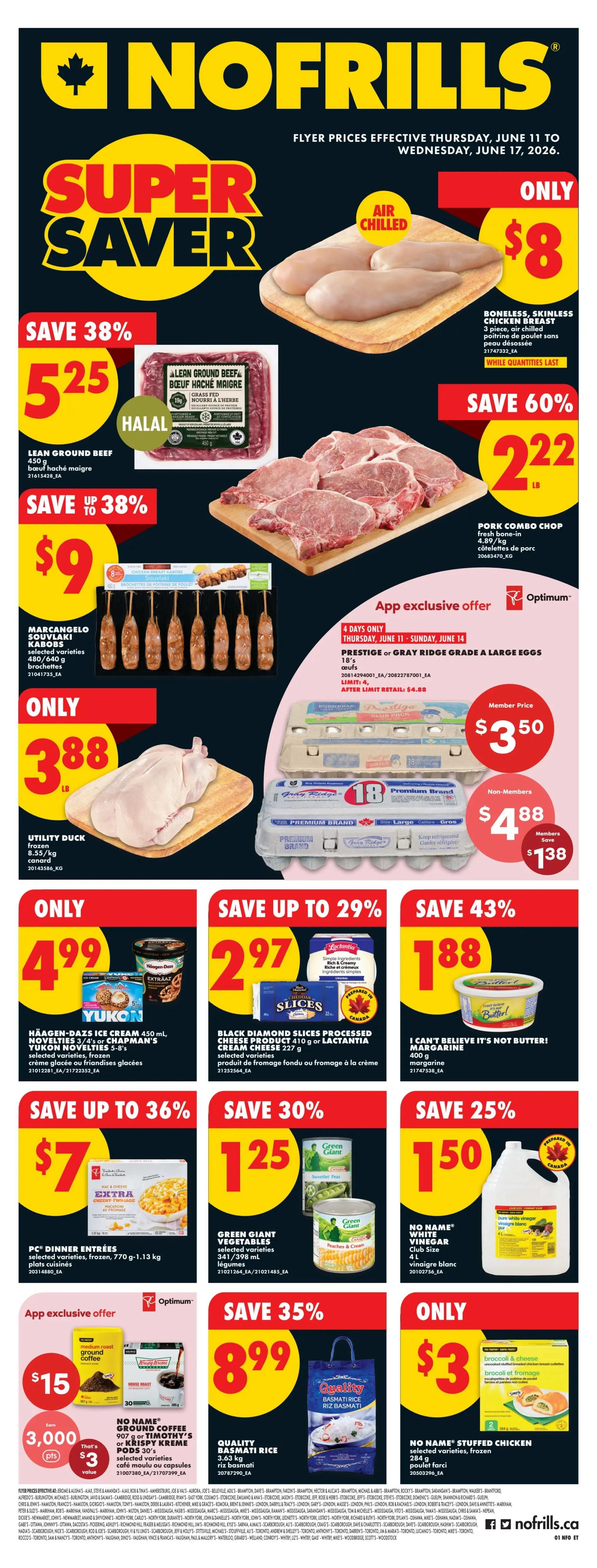 No Frills Super Saver specials page featuring a whole seedless watermelon, 11 lb average, for only $3.99, saving up to 33%. Blackberries and raspberries are available for $1.88 per 6 oz clamshell. Farmer's Market Mandarins (2 lb bag) and Avocados (pkg of 5) are priced at $2.99. Tomatoes on the vine are $1.29 per lb, with a save up to 25% discount. Green or Red Sweet Peppers (pkg of 4) are also $2.99. PC Little Gems Red, Yellow or Mixed Mini Potatoes are on sale for $2.44, saving 38%.