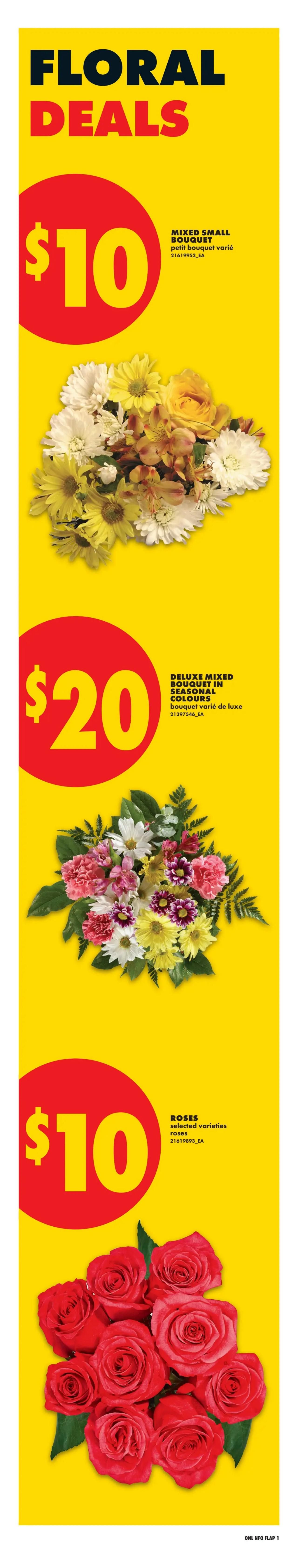 No Frills weekly flyer specials page 5: Floral Deals. Features a mixed small bouquet for $10, a deluxe mixed bouquet in seasonal colours for $20, and selected varieties of roses for $10.