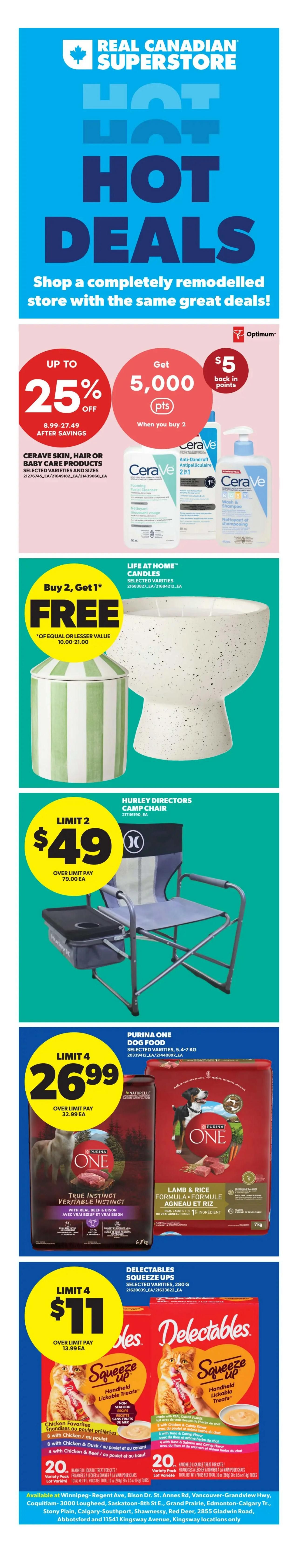 Real Canadian Superstore weekly flyer specials, page 3. Features a 'Sip. Snack. Save.' theme. Offers include PC Black Label Ice Cream in London Fog and Strawberry Fraise flavours for an always low price of $4.50 per 500 mL. Also available is PC Scoop Shop Ice Cream in Rainbow Trail flavour for $5. President's Choice Loads of Nanaimo Bar Ice Cream Bars, frozen, 4x72 mL, are new and priced at $5. PC Cookie Dough Bites Ice Cream, selected varieties, frozen, 180 mL, are $5. Finally, PC or Blue Menu Smoothie, Fruit or Skyr Bars, selected varieties, frozen, 6/12's, are $6. Products are prepared in Canada.