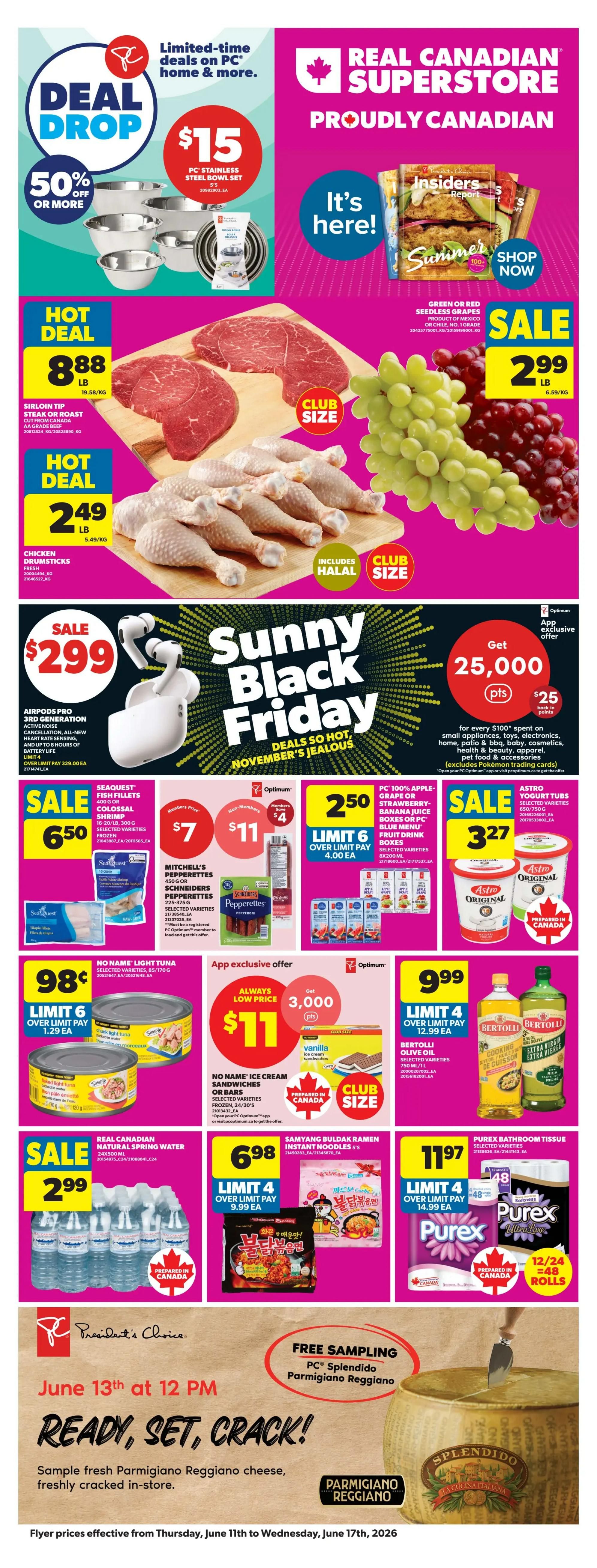 Real Canadian Superstore weekly flyer specials. Our top picks this week include PC Kettle Cooked or Kettle Rippled Potato Chips in selected varieties, 200g, on sale for $2.50. Also featured are PC Decadent Muffins, selected varieties, 4's, for only $6. Enjoy PC Loads of Ice Cream, selected varieties, frozen, 1.5L, on sale for $7. Get PC Dishwashing Liquid, selected varieties, 636 mL-1L, for $2, with a limit of 4, and over the limit pay $2.25 each. Finally, PC Max Paper Towels, 8-24 rolls, are an always low price at $22.