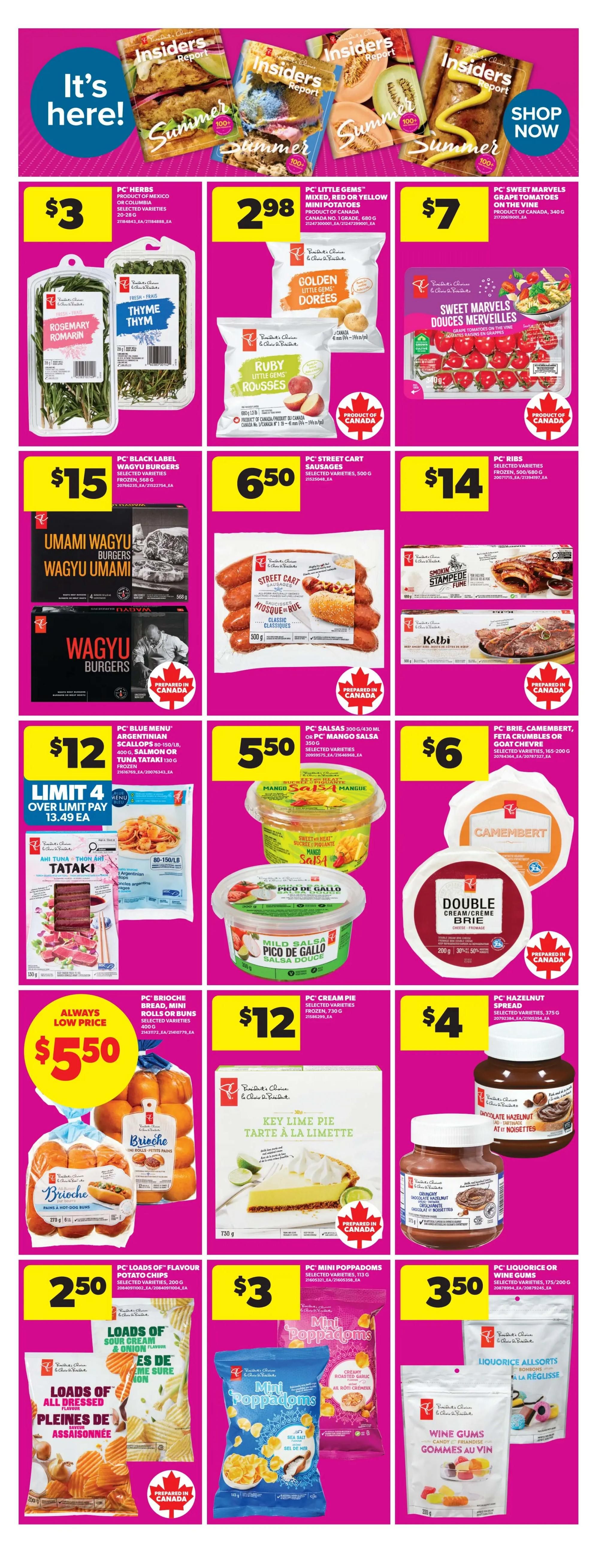 Real Canadian Superstore weekly flyer specials page 12. Featured items include PC Herbs Rosemary and Thyme for $3, PC Little Gems Mixed, Red or Yellow Mini Potatoes for $2.98, and PC Sweet Marvels Grape Tomatoes on the Vine for $7. Also available are PC Black Label Wagyu Burgers for $15, PC Street Cart Sausages for $6.50, and PC Ribs for $14. Other products include Umami Wagyu Burgers, Kethi Ribs, PC Blue Menu Argentinian Scallops or Tuna Tataki for $12, PC Salsas for $5.50, and PC Brie, Camembert, Feta Crumbles or Goat Cheese for $6. Look for PC Brioche Bread, Rolls or Mini Hot-Dog Buns for an always low price of $5.50, PC Cream Pie for $12, and PC Hazelnut Spread for $4. Additionally, find PC Loads of Flavour Potato Chips for $2.50, PC Mini Poppadoms for $3, and PC Liquorice or Wine Gums for $3.50.