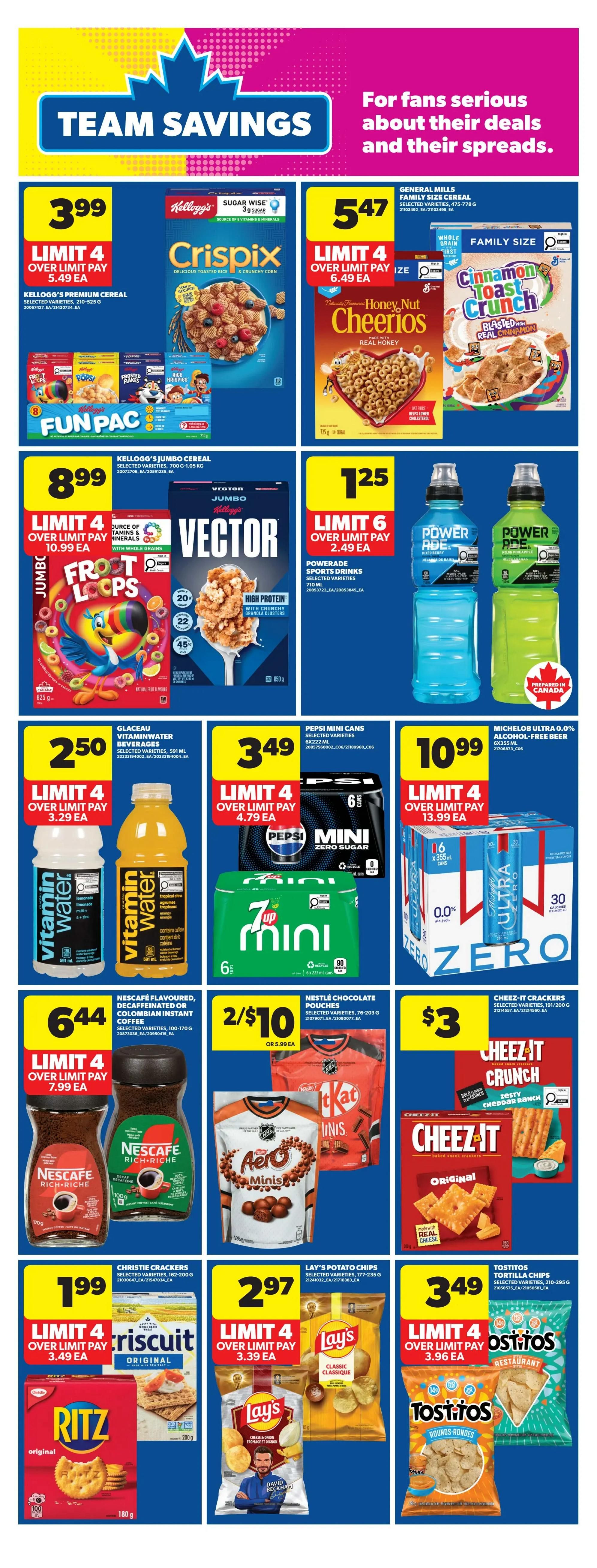 Real Canadian Superstore weekly flyer specials page 14 features 'Team Savings' with deals on various grocery items. Featured products include Kellogg's Crispix cereal for $3.99 (limit 4), General Mills Honey Nut Cheerios and Cinnamon Toast Crunch cereals for $5.47 (limit 4), Kellogg's Frosted Flakes and Vector Cereal for $8.99 (limit 4), and Powerade sports drinks for $1.25 each (limit 6). Also on sale are Vitaminwater beverages for $2.50 (limit 4), Pepsi Mini Cans for $3.49 (limit 4), and Michelob Ultra 0.0% alcohol-free beer for $10.99 (limit 4). Coffee and snack deals include Nescafé flavoured, decaffeinated or instant coffee for $6.44 (limit 4), Nestlé chocolate pouches for 2 for $10, Cheez-It crackers for $3, Christie Crackers (Ritz Original) for $1.99 (limit 4), Lay's Potato Chips for $2.97 (limit 4), and Tostitos Tortilla Chips for $3.49 (limit 4).