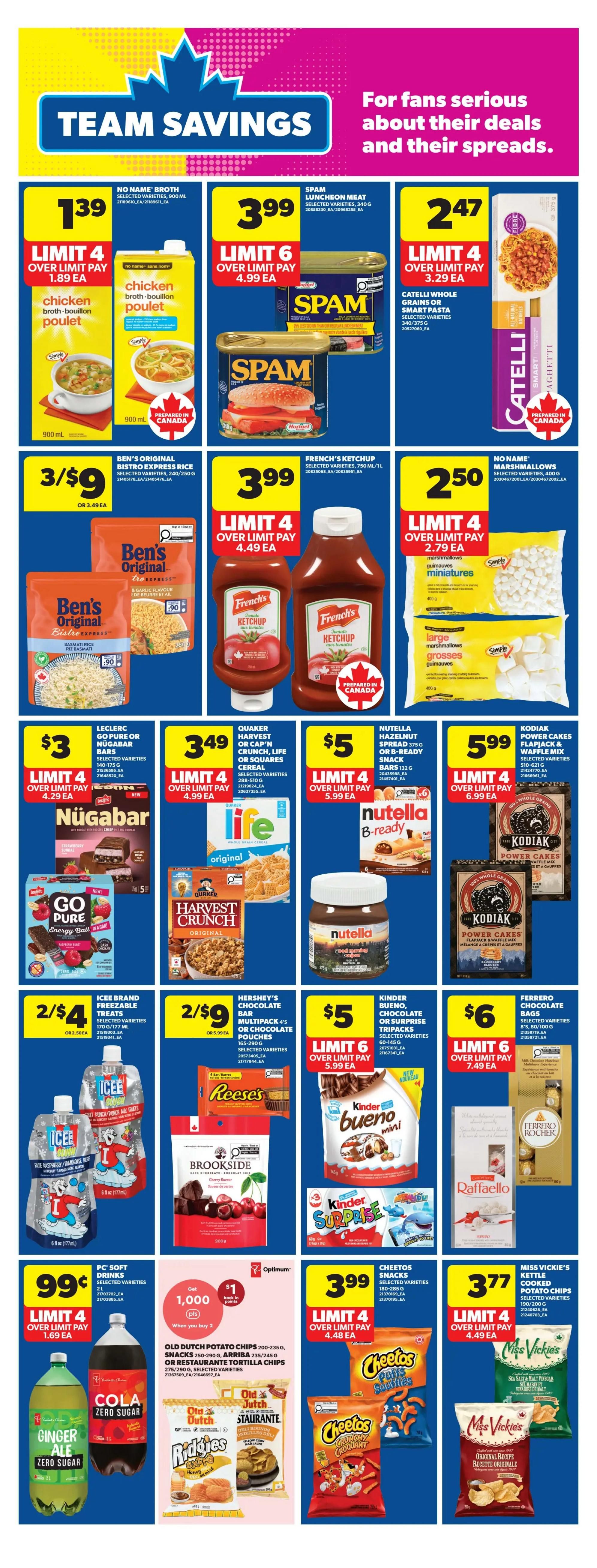 Real Canadian Superstore weekly flyer specials page 23 features 'Team Savings' with deals on various grocery items. Highlighted products include No Name Broth for $1.39 (limit 4), Spam Luncheon Meat for $3.99 (limit 6), and Catelli pasta for $2.47 (limit 4). Ben's Original Bistro Express Rice is 3 for $9 (or $3.49 each, limit 4), French's Ketchup is $3.99 (limit 4), and No Name Marshmallows are $2.50 (limit 4). Snacks on sale are Nügabar for $3 (limit 4), Quaker Harvest Crunch or Life Cereal for $3.49 (limit 4), Nutella Hazelnut Spread or B-Ready bars for $5 (limit 4), and Kodiak Power Cakes mix for $5.99 (limit 4). Other deals include Iced Brand Freezable Treats for 2 for $4 (or $2.50 each), Hershey's Chocolate Bar Multipacks for 2 for $9 (or $5.99 each), Kinder Bueno or Surprise chocolate for $5 (limit 6), and Ferrero Chocolate Bags for $6 (limit 6). Beverages on sale are PC Soft Drinks (Ginger Ale, Cola Zero Sugar) for $0.99 (limit 4). Old Dutch Potato Chips, Snacks, or Tortilla Chips are included in an Optimum offer: get 1,000 Optimum points ($1 back) when you buy 2. Cheetos Snacks are $3.99 (limit 4), and Miss Vickie's Kettle Cooked Potato Chips are $3.77 (limit 4).