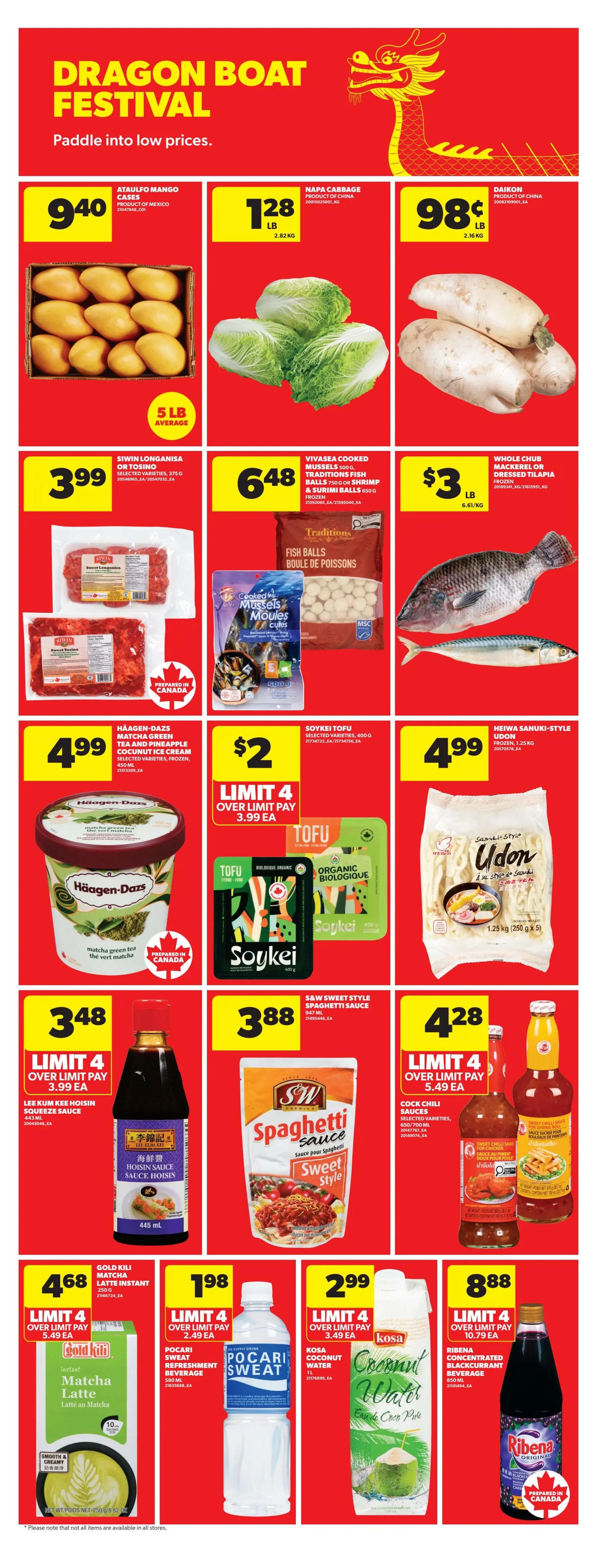 Real Canadian Superstore weekly flyer specials page 28, featuring Dragon Boat Festival deals. Ataulfo Mangoes are $9.40 per case. Napa Cabbage is $1.28 per lb. Daikon is $0.98 per lb. Siwin Longanisa or Tosino selected varieties are $3.99. Vivasea Cooked Mussels, Traditions Fish Balls, or Surimi Balls are $6.48. Whole Chub Mackerel or Dressed Tilapia are $3.00 per lb. Häagen-Dazs Matcha Green Tea and Pineapple Coconut Ice Cream selected varieties are $4.99. Soykei Tofu selected varieties are $2.00, limit 4. Heiwa Sanuki-Style Udon frozen is $4.99. Lee Kum Kee Hoisin Squeeze Sauce is $3.48, limit 4. S&W Sweet Style Spaghetti Sauce is $3.88. Cock Chili Sauces selected varieties are $4.28, limit 4. Gold Kili Instant Matcha Latte is $4.68, limit 4. Pocari Sweat Refreshment Beverage is $1.98, limit 4. Kosa Coconut Water is $2.99, limit 4. Ribena Concentrated Blackcurrant Beverage is $8.88, limit 4.