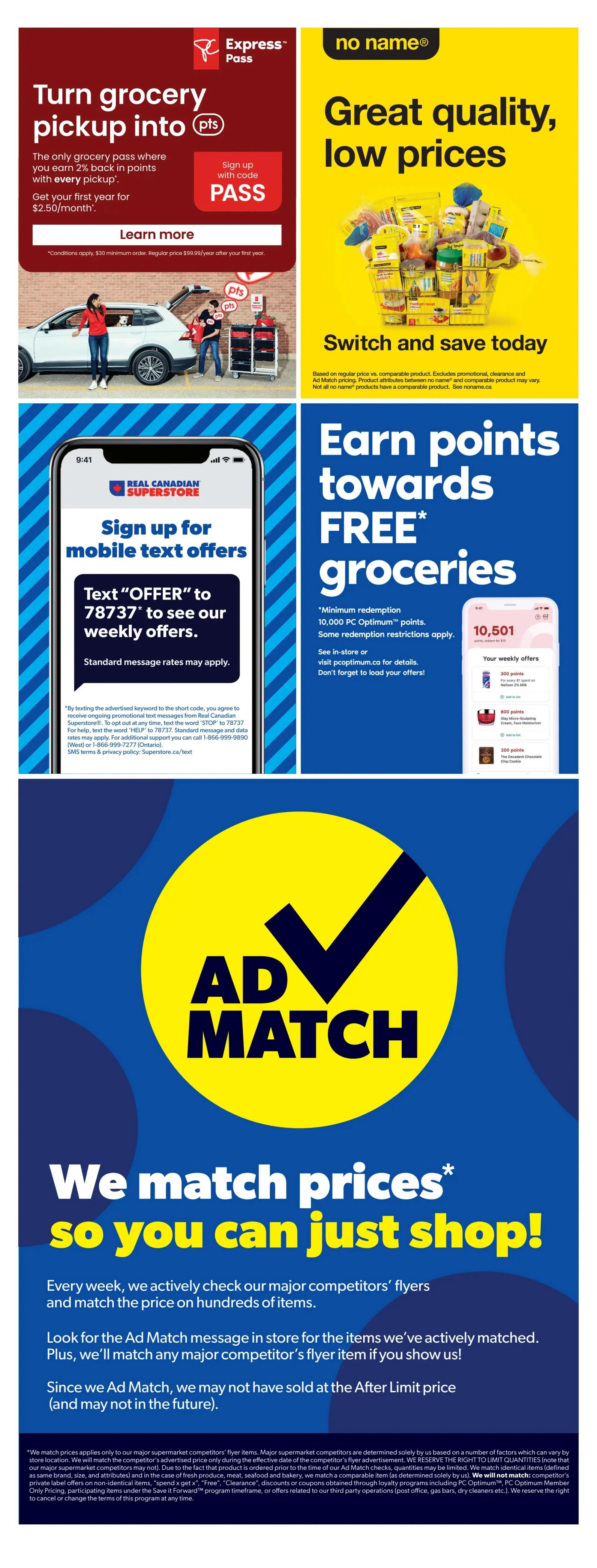Real Canadian Superstore flyer page 48 features Express Pass for grocery pickup, offering 2% back in points on every pickup, with the first year at $2.50/month. Sign up with code PASS. Also highlights 'no name®' brand with 'Great quality, low prices' and 'Switch and save today.' Another section promotes signing up for mobile text offers by texting 'OFFER' to 78737. The page details earning PC Optimum points towards free groceries, with a minimum redemption of 10,000 points. It also features the 'Ad Match' program, where Real Canadian Superstore matches competitor prices on hundreds of items, ensuring shoppers can 'just shop.' The Ad Match details explain that prices are checked weekly against major competitors' flyers and that they will match competitor flyer items shown in-store. The bottom of the page includes terms and conditions for Ad Match, specifying it applies to major supermarket competitors' flyers, excludes promotional, clearance, and Ad Match pricing, and that comparable items are matched based on brand, size, and attributes.