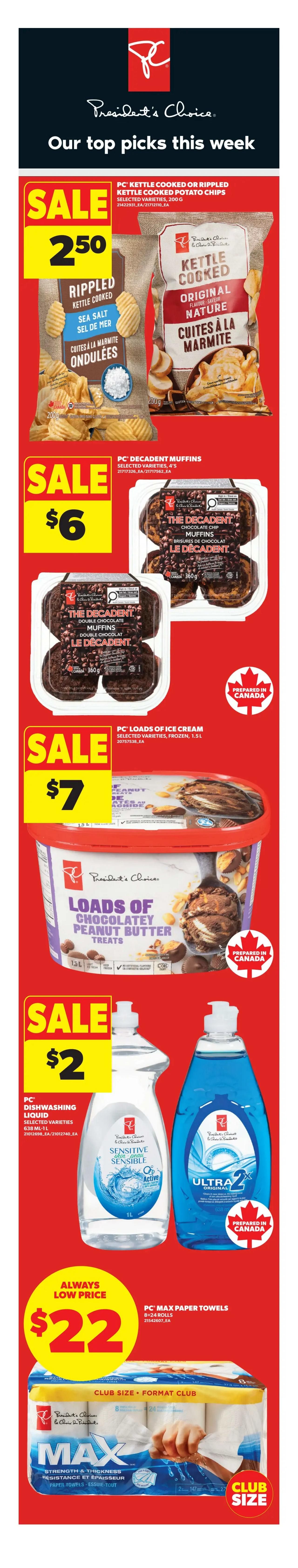 Real Canadian Superstore flyer page 2 features a 'Sip. Snack. Save.' promotion. PC Black Label Ice Cream in London Fog and Strawberry Fraise varieties are an 'Always Low Price' of $4.50. President's Choice Scoop Shop Ice Cream, selected varieties, 946 mL, is only $5. PC Loads of Novelties Ice Cream Bars, selected varieties, frozen, 4x72 mL, are also only $5. President's Choice Cookie Dough Bites Ice Cream Bites, selected varieties, frozen, 180 mL, are $5. Finally, PC or Blue Menu Smoothie or Skr Bars, selected varieties, frozen, 6/12's, are on sale for $6, including Field Berry Yogurt Smoothie and Strawberry Vanilla Kefir Smoothie.