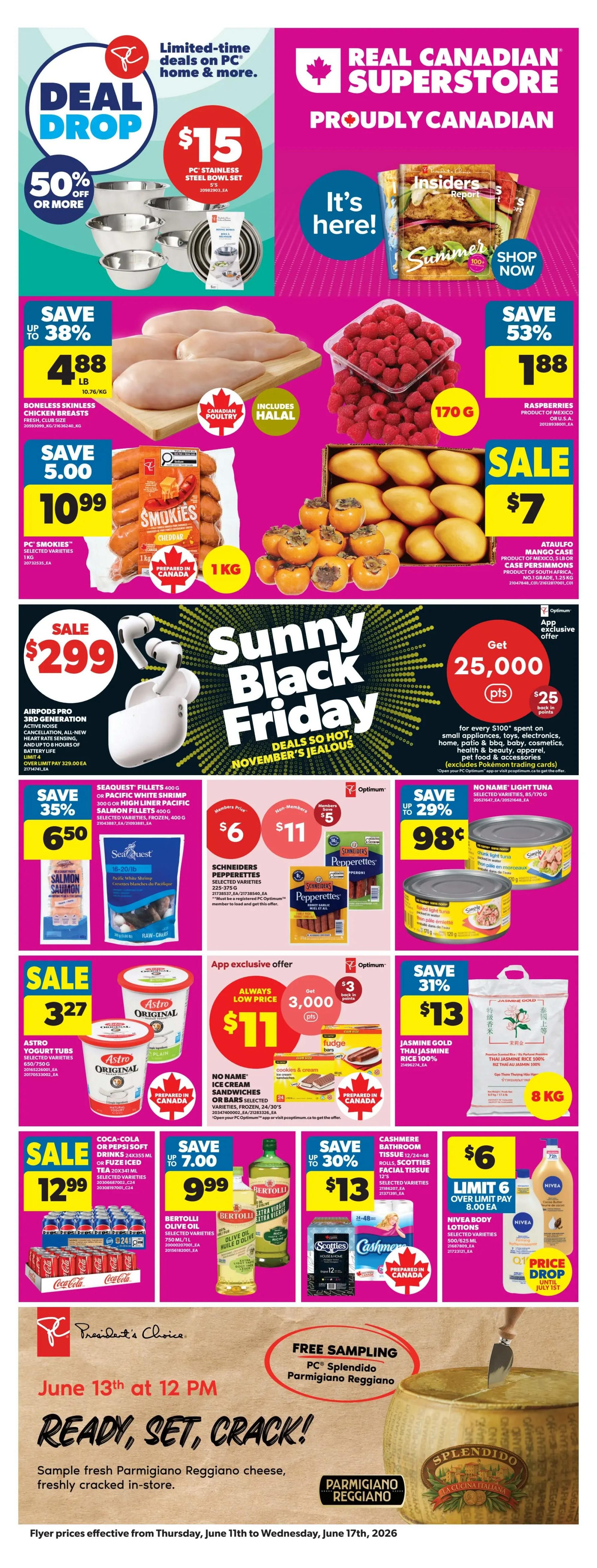 Real Canadian Superstore weekly flyer specials page 1 features top picks this week. Sale items include PC Kettle Cooked or Rippled Kettle Cooked Potato Chips in selected varieties, 200g for $2.50. Also on sale are PC Decadent Muffins, selected varieties, 4's for $6. Enjoy PC Loads of Ice Cream, selected varieties, frozen, 1.5L for $7. PC Dishwashing Liquid, selected varieties, 638 mL, is on sale for $2. Finally, PC Max Paper Towels, 8-24 rolls, are an 'Always Low Price' of $22. Many products are prepared in Canada.