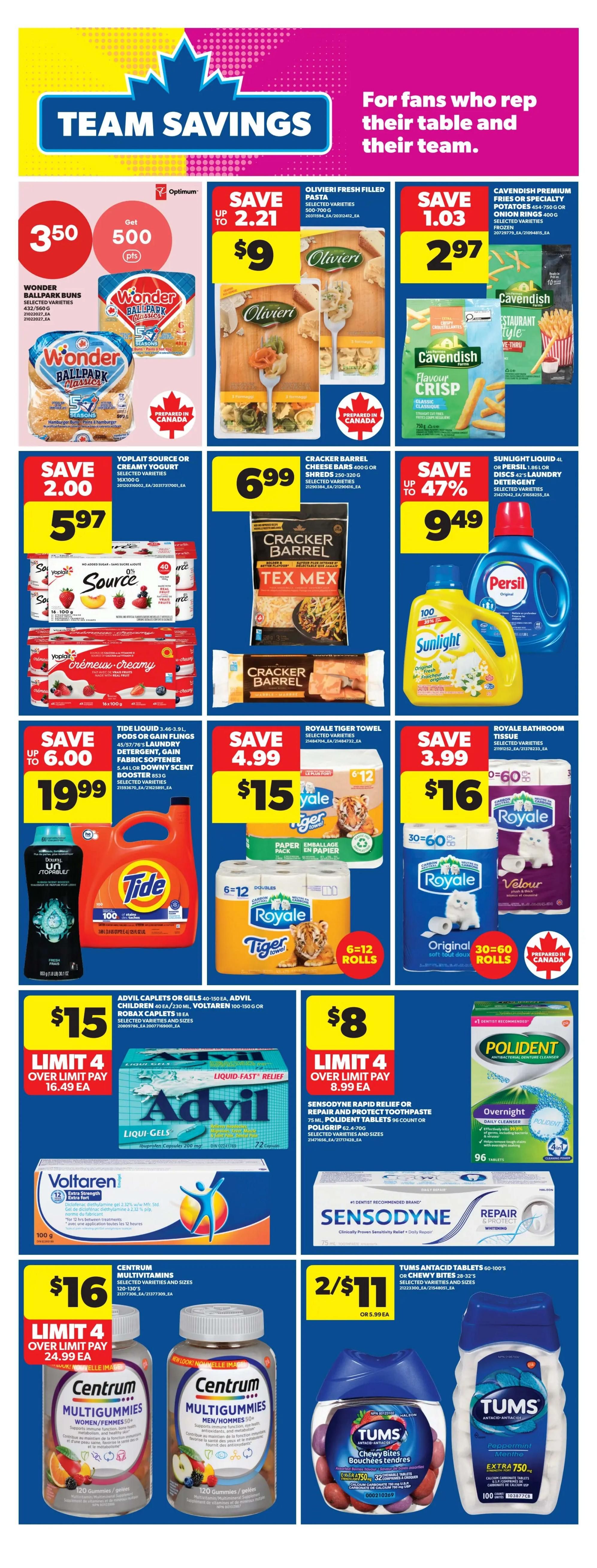 Real Canadian Superstore flyer page 14 featuring 'Team Savings'. Offers include Wonder Ballpark Buns for 3.50 with 500 Optimum points, Olivieri Fresh Filled Pasta for $9 (save up to $2.21), and Cavendish Premium Fries or Onion Rings for $2.97 (save $1.03). Also featured are Yoplait Source or Creamy Yogurt for $5.97 (save $2.00), Cracker Barrel Cheese Bars for $6.99, and Sunlight Liquid or Persil Discs for $9.49 (save up to 47%). Laundry deals include Tide Liquid for $19.99 (save up to $6.00) and Royale Tiger Towel for $15 (save $4.99). For the bathroom, Royale Bathroom Tissue is $16 (save $3.99). Health and wellness products include Advil Caplets or Gels, Advil Children, Robax Caplets, and Voltaren for $15 (limit 4, over limit pay $16.49 each). Sensodyne Rapid Relief Toothpaste and Poligrip Denture Adhesive are $8 (limit 4, over limit pay $8.99 each). Polident Antibacterial Denture Cleanser is also shown. Centrum Multivitamins are $16 (limit 4, over limit pay $24.99 each). Tums Antacid Tablets or Chewy Bites are 2 for $11 (or $5.99 each).