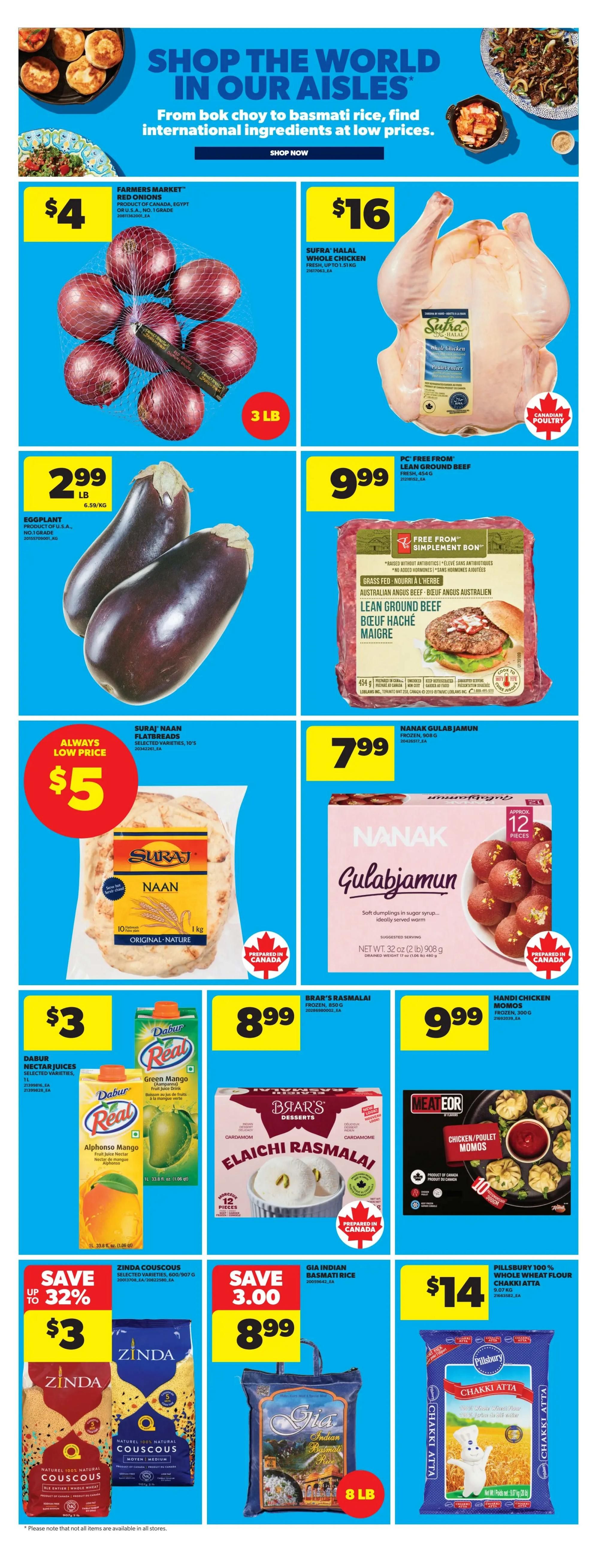 Real Canadian Superstore flyer page 20 features 'Shop the World in Our Aisles' with international ingredients. Offers include Farmers Market Red Onions for $4, Sufra Halal Whole Chicken for $16, and Eggplant for $2.99 per lb. PC Free From Lean Ground Beef is $9.99. Suraj Naan Flatbreads are an 'Always Low Price' at $5. Nanak Gulab Jamun frozen dessert is $7.99. Dabur Real Nectar Juices (Alphonso Mango and Green Mango) are $3. Brar's Rasmalai frozen dessert is $8.99. Meat Eor Chicken/Poulet Momos are $9.99. Zinda Couscous is on sale, save up to 32%, now $3. Gia Indian Basmati Rice (8 lb bag) is on sale, save $3.00, now $8.99. Pillsbury 100% Whole Wheat Flour Chakki Atta (9.07 kg) is $14.