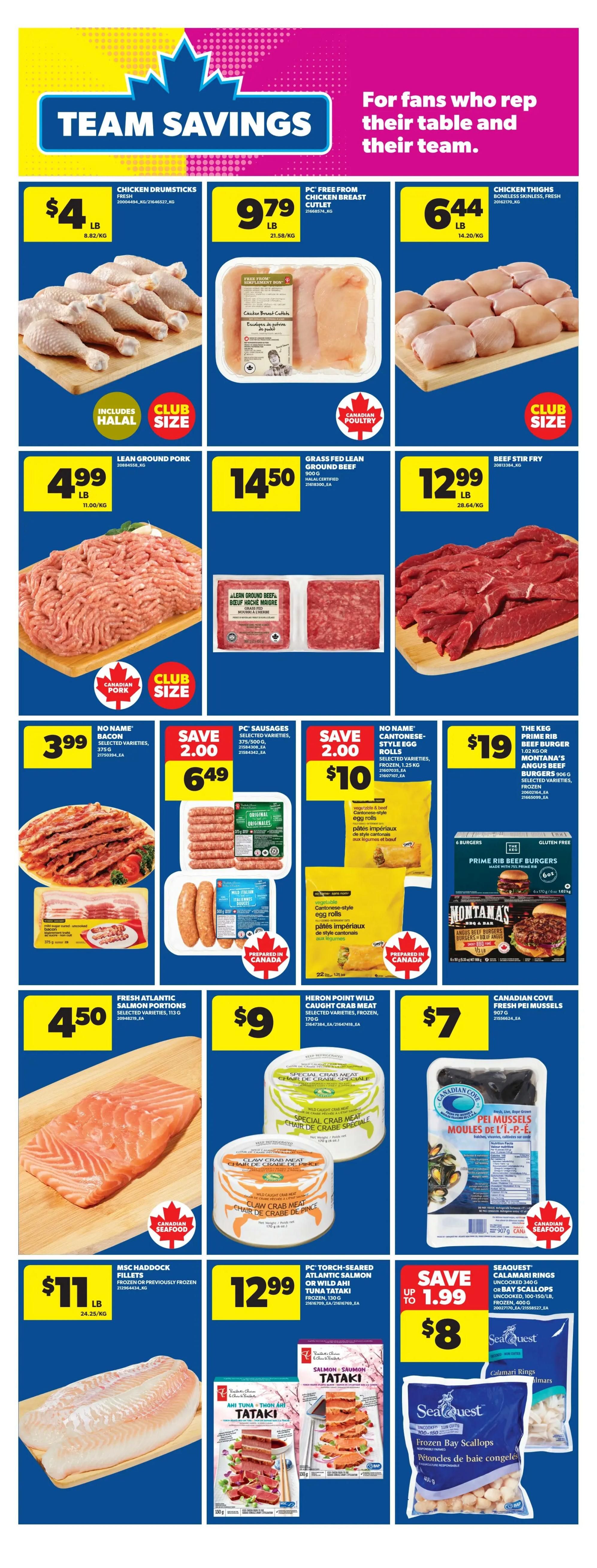 Real Canadian Superstore Ontario flyer, page 25, featuring 'Team Savings'. Offers include Chicken Drumsticks for $4/lb, PC Free From Chicken Breast Cutlets for $9.79/lb, and Chicken Thighs for $6.44/lb. Also available are Lean Ground Pork for $4.99/lb, Grass Fed Lean Ground Beef for $14.50/lb, and Beef Stir Fry for $12.99/lb. Additional deals include No Name Bacon for $3.99, PC Sausages for $6.49 (save $2.00), and No Name Cantonese-Style Egg Rolls for $10 (save $2.00). The Keg Prime Rib Beef Burgers are $19. Fresh Atlantic Salmon Portions are $4.50. Heron Point Wild Caught Crab Meat is $9. Canadian Cove Fresh Pei Mussels are $7. MSC Haddock Fillets are $11/lb. PC Torch-Seared Atlantic Salmon or Wild Ahi Tuna Tataki is $12.99. Seaquest Calamari Rings or Bay Scallops are $8 (save up to $1.99).