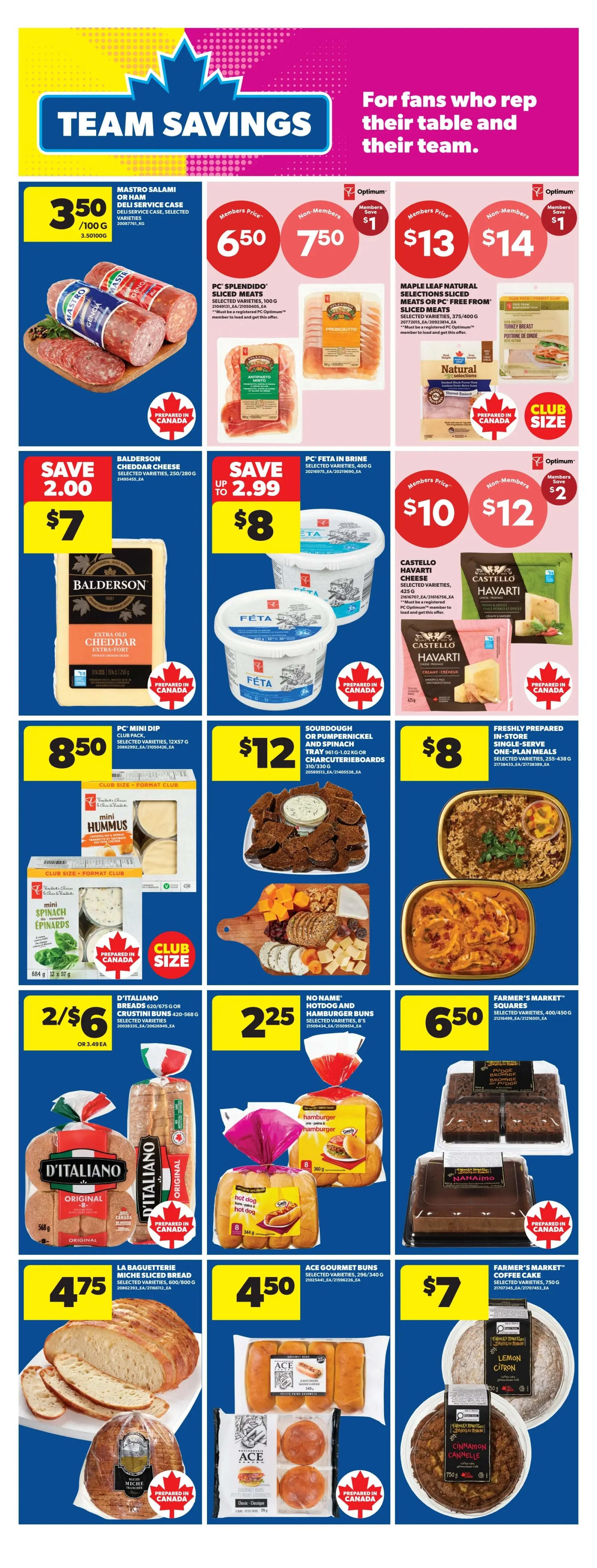 Real Canadian Superstore weekly flyer specials page 26 features Team Savings. Mastro salami or ham deli service case selected varieties are 3.50 per 100g. PC Splendido sliced meats, 100g, are $6.50 for members and $7.50 for non-members, saving $1. Maple Leaf Natural Selections sliced meats or PC Free From sliced meats, selected varieties, 375-400g, are $13 for members and $14 for non-members, saving $1. Balderson cheddar cheese, selected varieties, 250-280g, is on sale for $7, saving $2. PC Feta in brine, selected varieties, 400g, is on sale for $8, saving up to $2.99. Castello Havarti cheese, selected varieties, 425g, is $10 for members and $12 for non-members, saving $2. PC Mini Dip club pack, selected varieties, 12x57g, is $8.50. Sourdough or pumpernickel or nickel and spinach charcuterie boards are $12. Freshly prepared in-store single-serve one-plan meals, selected varieties, 255-438g, are $8. PC Hummus and PC Mini Spinach dip club size are featured. A charcuterie board with cheese, crackers, and meats is shown. No Name hotdog and hamburger buns, selected varieties, are 2 for $6 or 3.49 each. D'Italiano La Baguetterie Miche sliced bread, selected varieties, 600-900g, is $4.75. Ace Gourmet buns, selected varieties, 296-340g, are $4.50. Farmer's Market squares, 400-450g, are $6.50. Farmer's Market coffee cake, 750g, is $7.
