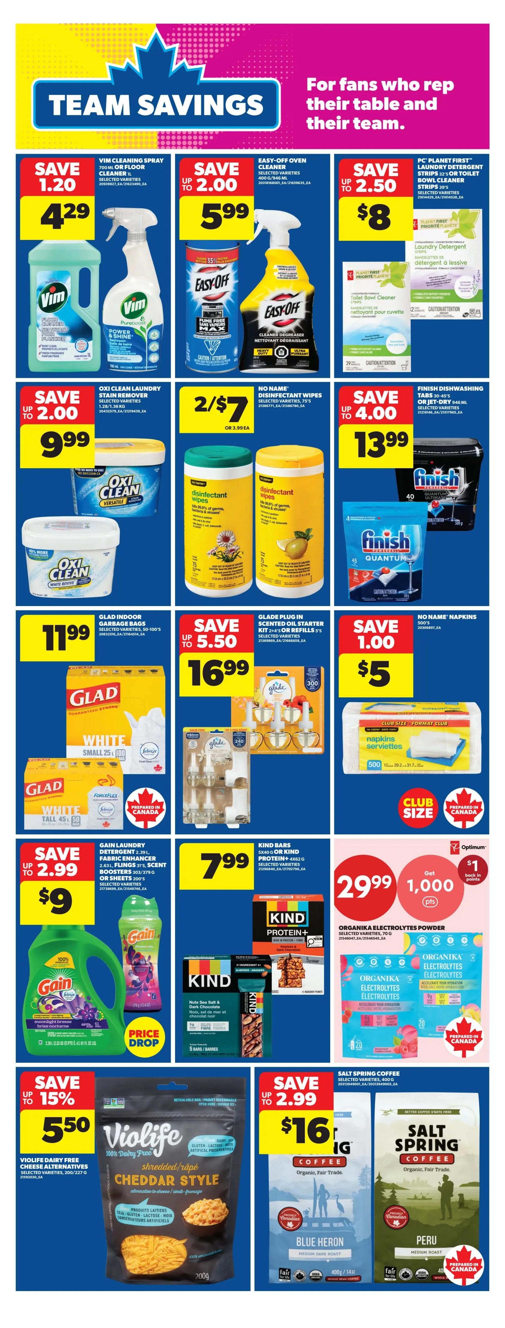 Real Canadian Superstore flyer page 29 featuring 'Team Savings'. Offers include Vim Cleaning Spray for $4.29, Easy-Off Oven Cleaner for $5.99, and PC Plant First Laundry Detergent or Toilet Bowl Cleaner for $8. Also featured are Oxi Clean Laundry Stain Remover for $9.99, No Name Disinfectant Wipes 2 for $7, and Finish Dishwashing Tabs for $13.99. Glade Garbage Bags are $11.99, and Glade Plug In Scented Oil Starter Kits or Refills are $16.99. No Name Napkins are $5. Gain Laundry Detergent is $9, and Kind Bars are $7.99. Organika Electrolytes Powder is $29.99 with 1,000 Optimum points back. Violiife Dairy Free Cheddar Style Shredded Cheese Alternatives are $5.50, and Salt Spring Coffee is $16.99.